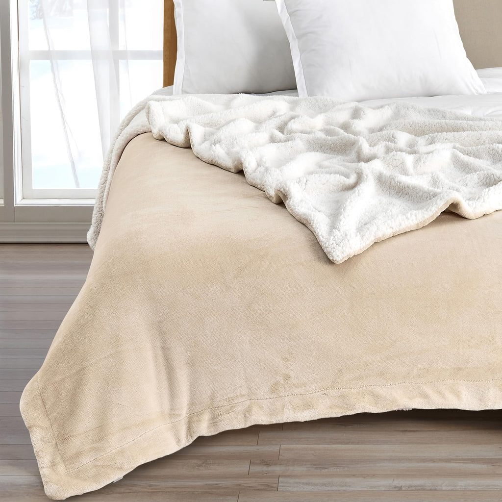 Sherpa Fleece And Velvet Plush Full/Queen Throw Blanket Tan, Thick Blanket For Chair, Sofa, Or Bed. Warm, Reversible, Soft Fleec