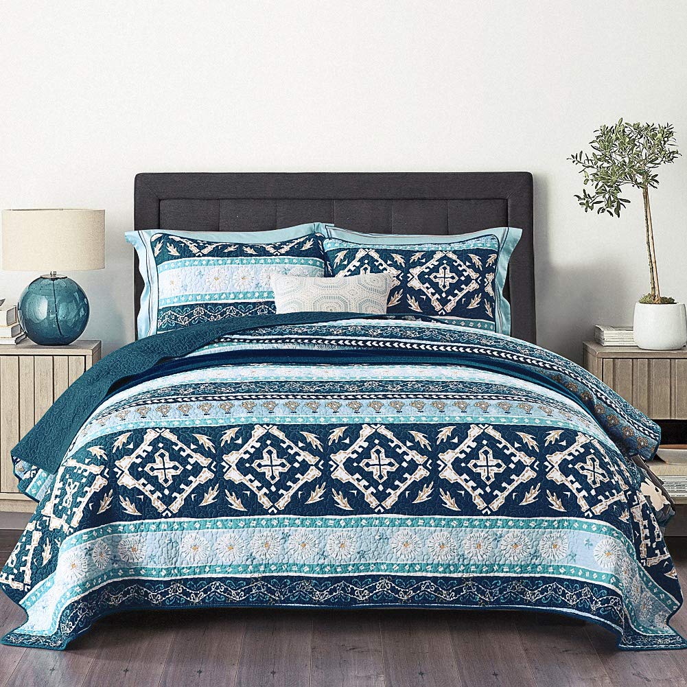 Newlake Cotton Bedspread Quilt Sets-Reversible Patchwork Coverlet Set, Boho Chic Pattern,Queen Size