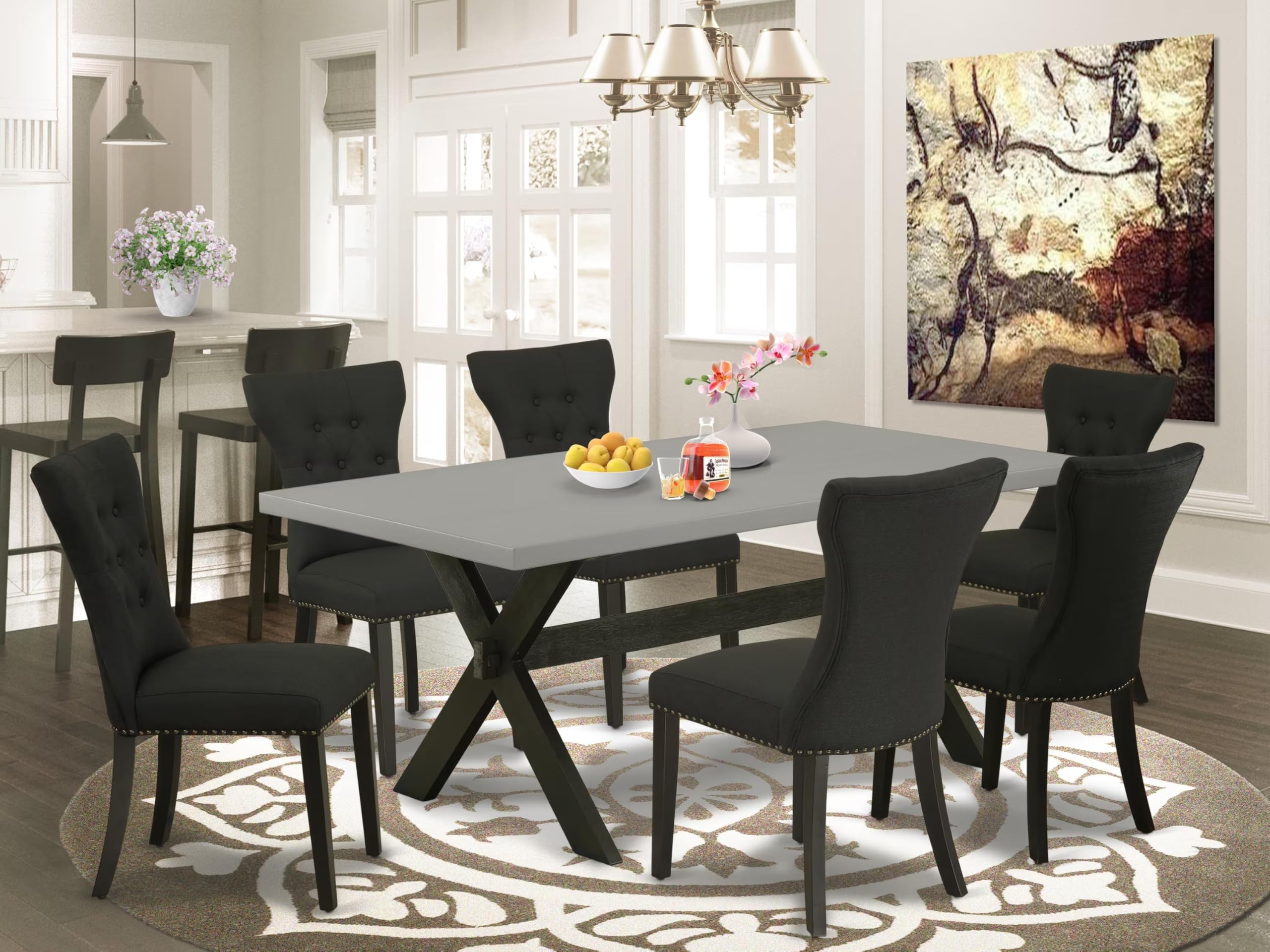 East West Furniture X697Ga124-7 7 Piece Dining Table Set Consist Of A Rectangle Dining Room Table With X-Legs And 6 Black Linen Fabric Upholstered Chairs, 40X72 Inch, Multi-Color