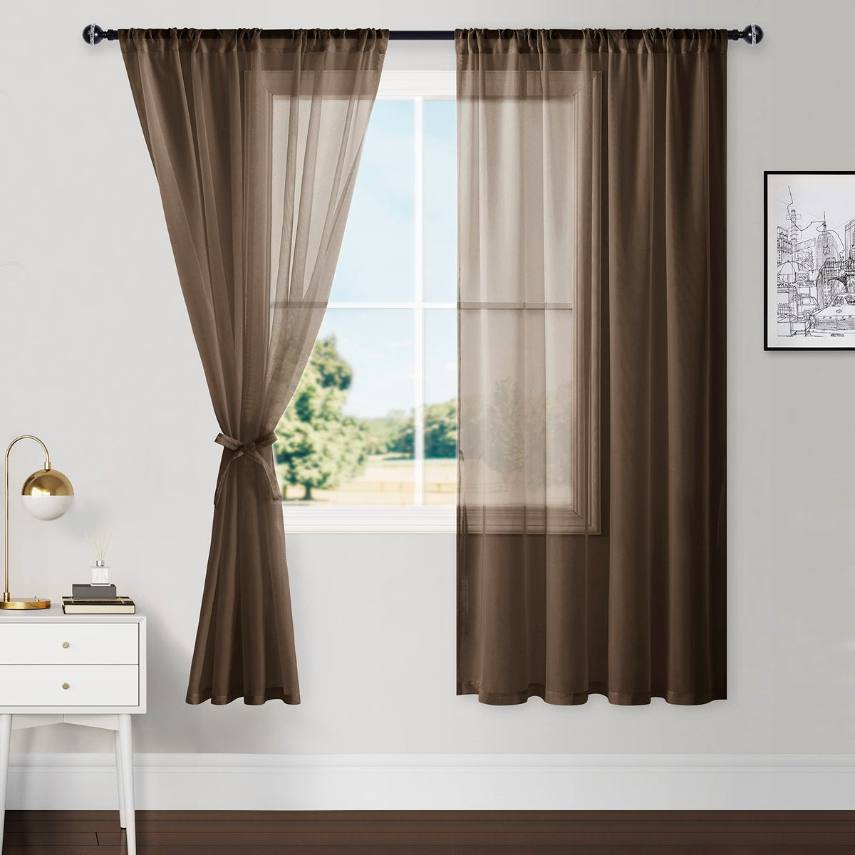 Hiasan Brown Sheer Curtains For Bedroom With Tiebacks, Lightweight Airy Breathable Voile Drapes Light Filtering Rod Pocket Windo
