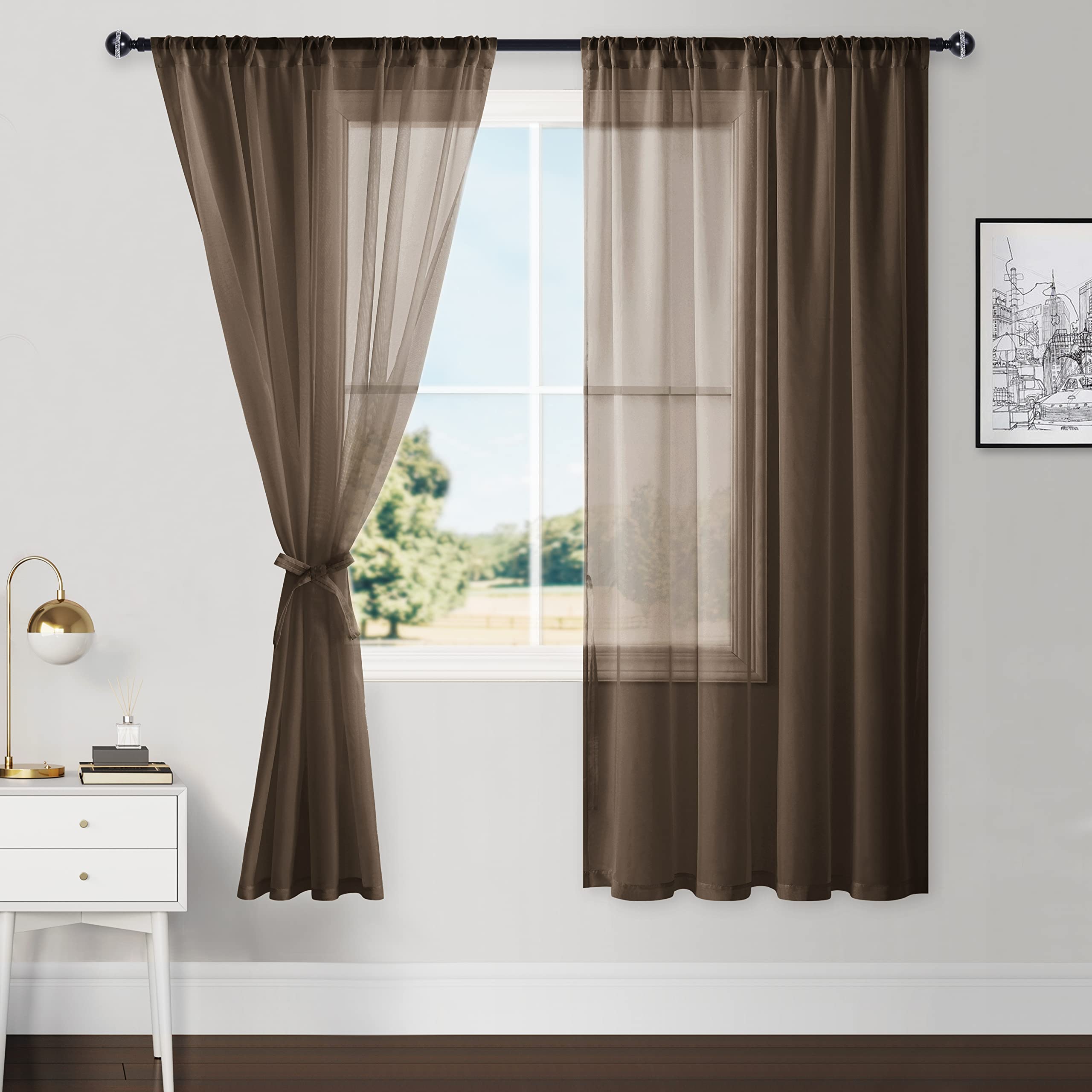 Hiasan Brown Sheer Curtains For Bedroom With Tiebacks, Lightweight Airy Breathable Voile Drapes Light Filtering Rod Pocket Windo