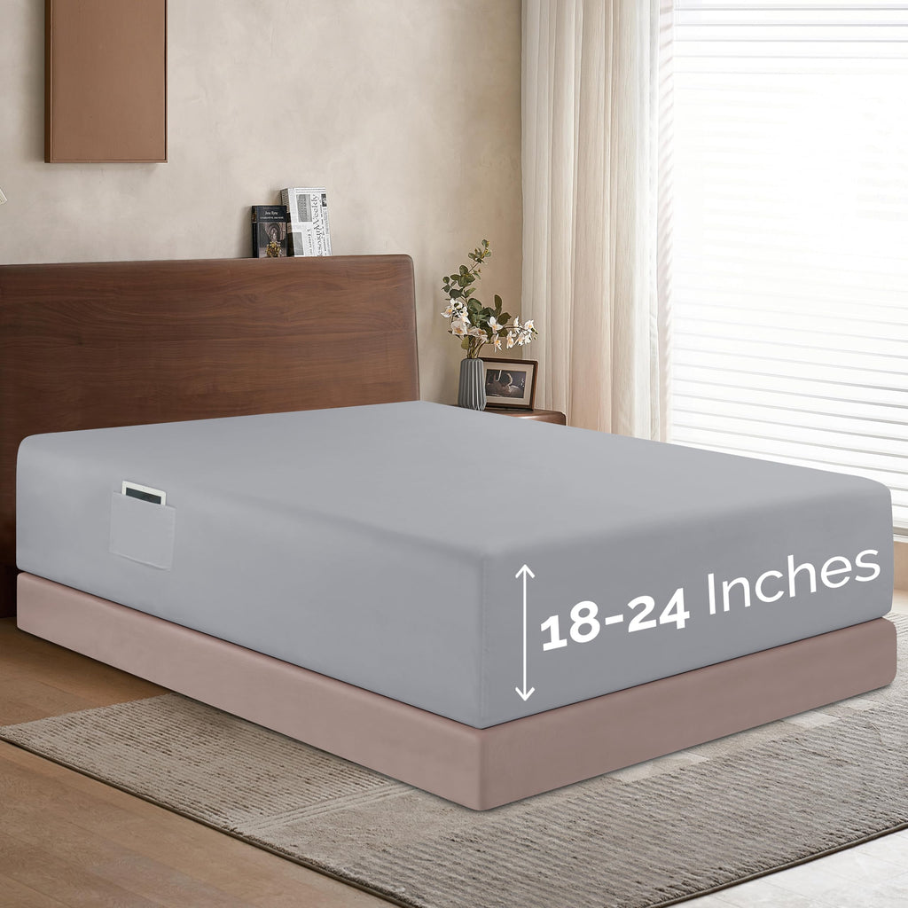 Elegant Comfort 1500 Premium Hotel Quality 18-24 Inches Deep - Extra Deep Pocket Single Fitted Sheet For High Mattress, Luxury And Softest, Smart Pocket - Wrinkle Free, King, Silver