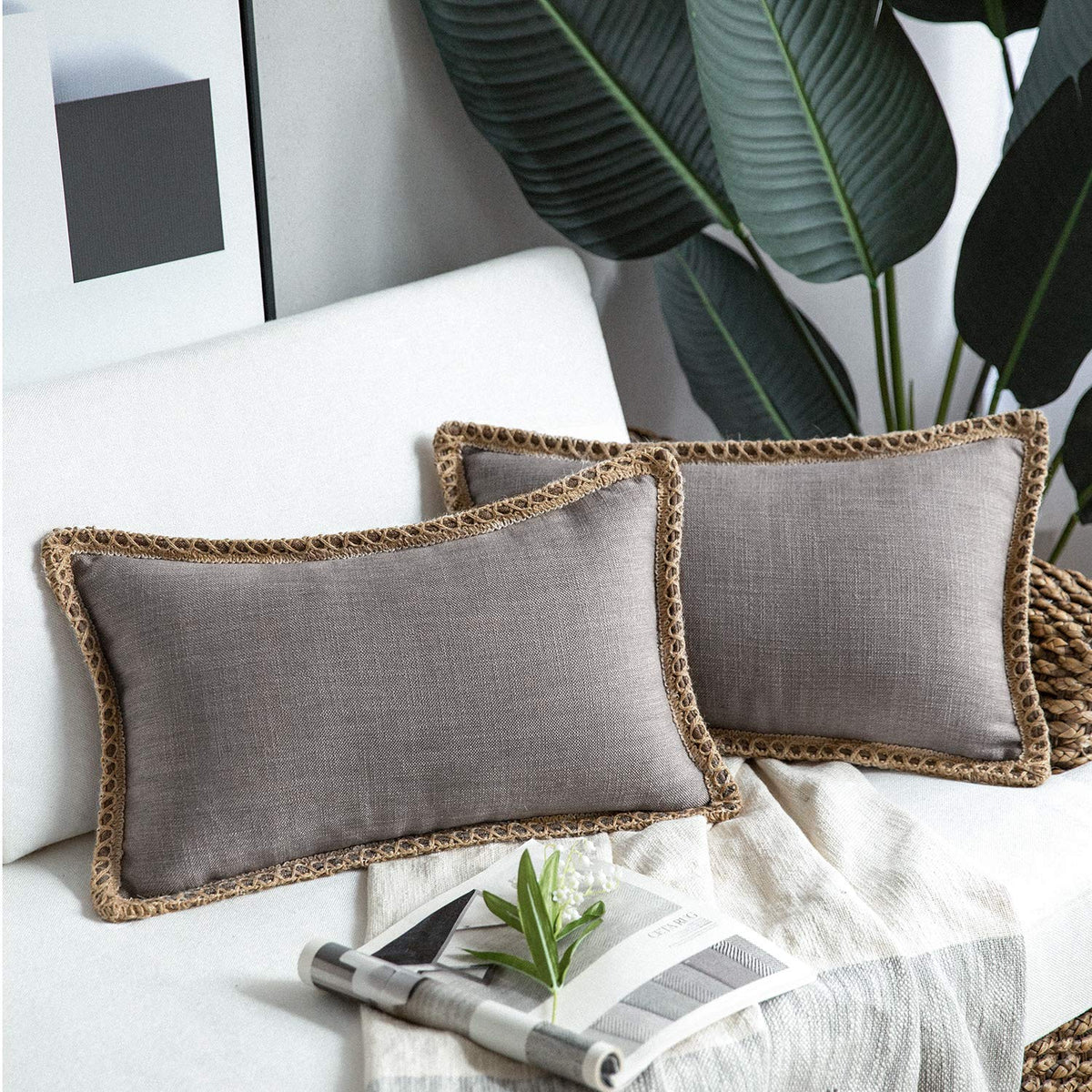 Phantoscope Pack Of 2 Farmhouse Decorative Solid Throw Decorative Pillow Cover Burlap Linen Trimmed Tailored Edges Grey 12 X 20