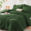 Hymokege Dark Green Queen Comforter Set Seersucker 7 Pieces, All Season Luxury Bed In A Bag For Bedroom, Bedding Set With Comfor