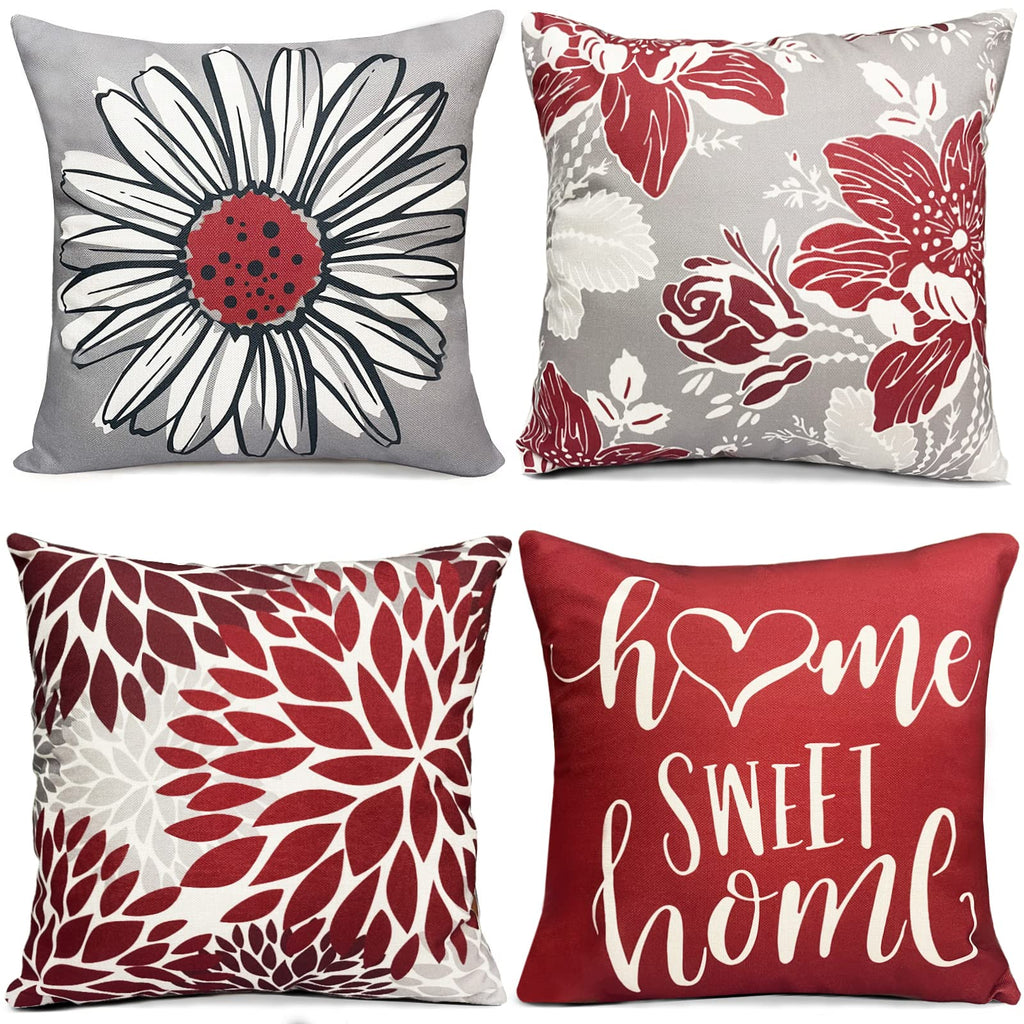 Rysmiyou Wine Red Linen Decorative Throw Pillow Covers 22X22 Pillow Covers For Couch Sofa Bed Living Room,Set Of 4 Boho Pillow C