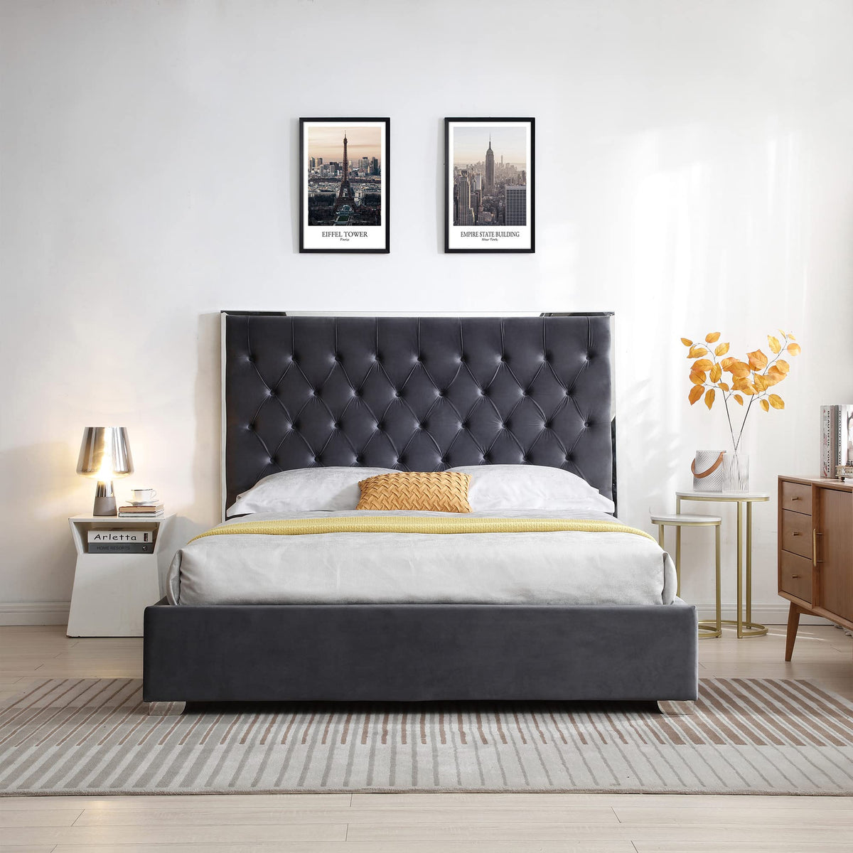 Better Home Products Sophia Velvet King Bed With Silver Metal Frame In Gray