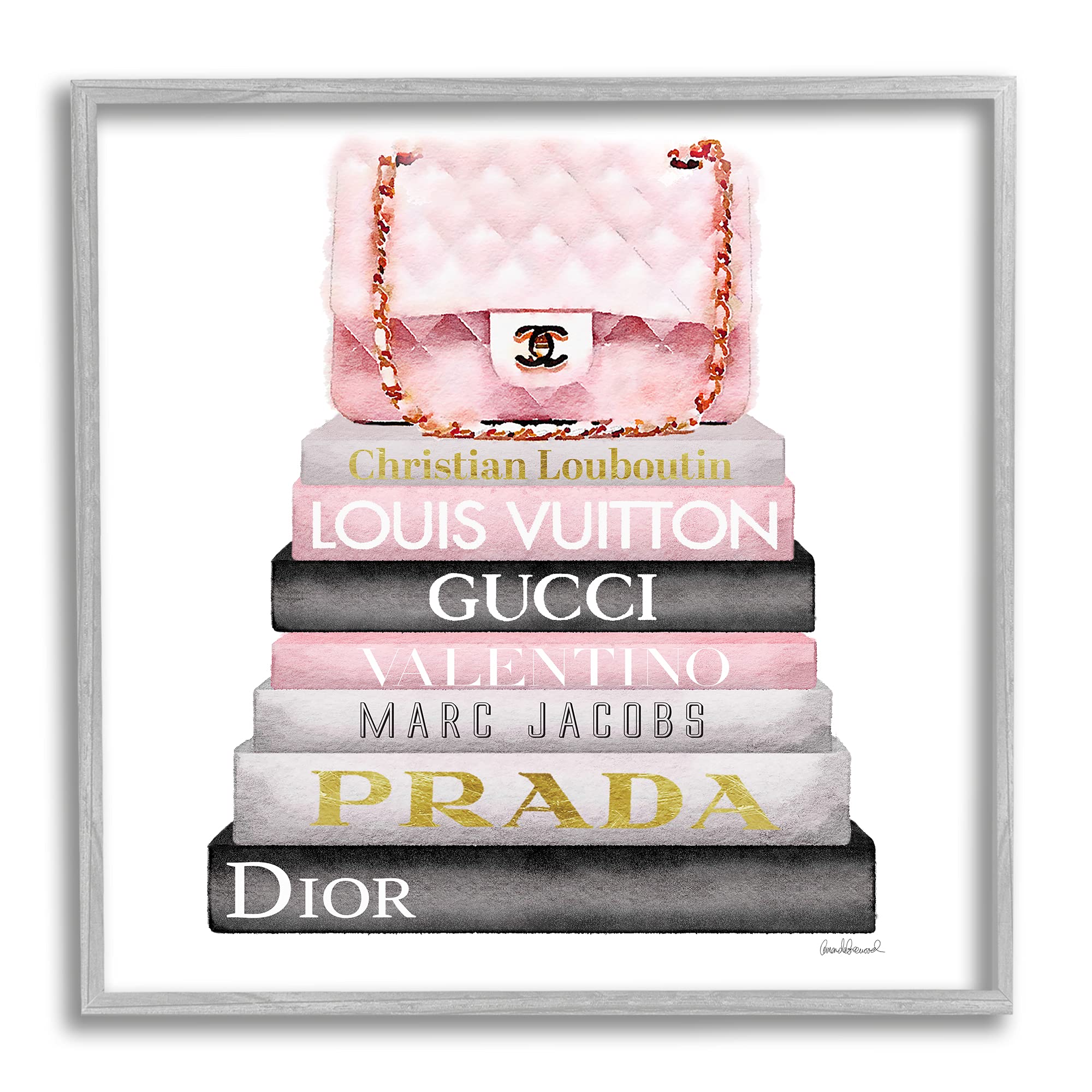 Stupell Industries Watercolor High Fashion Bookstack Padded Pink Bag, Design by Amanda Greenwood Wall Art, 17 x 17, Gray Framed