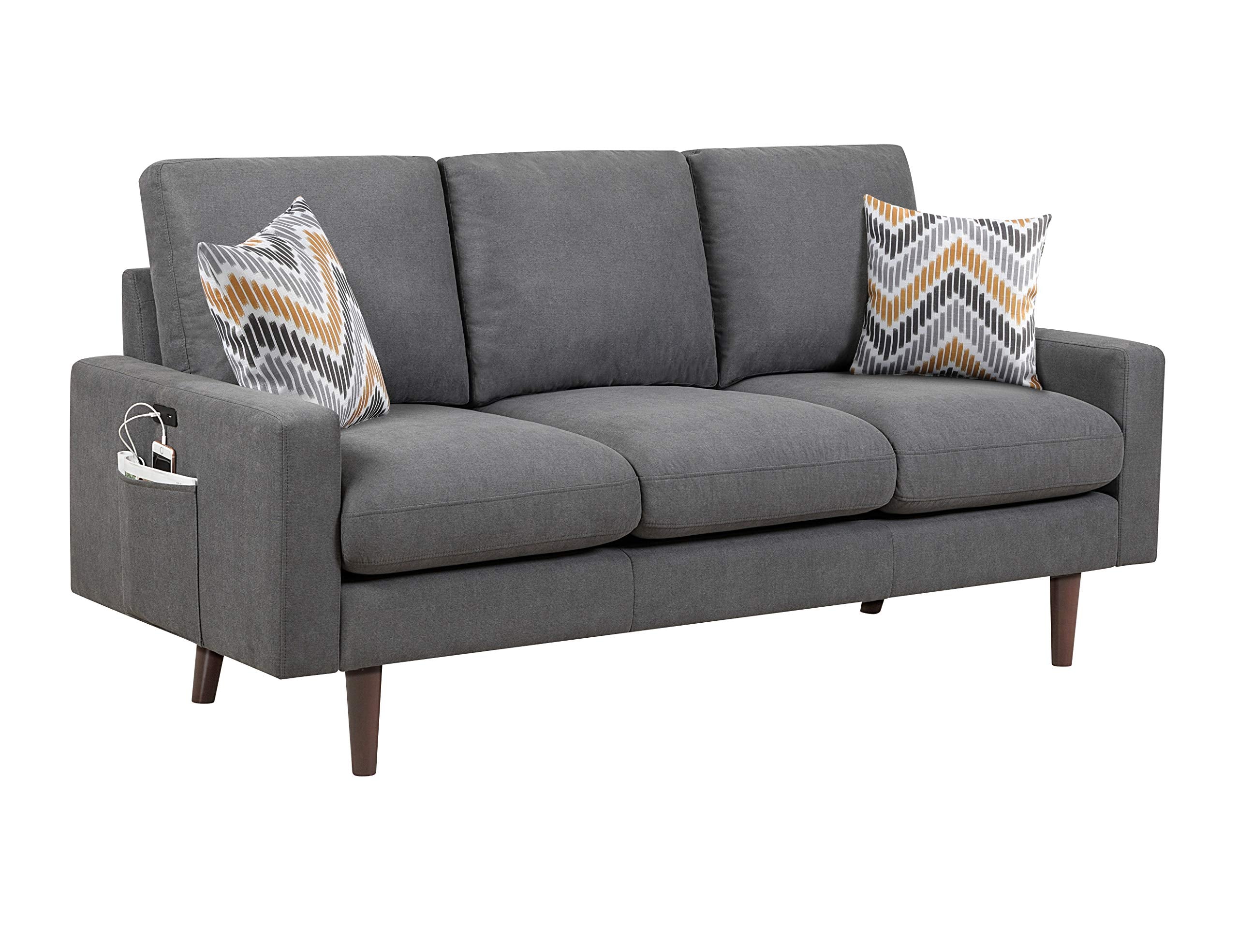 Lilola Home Abella Mid-Century Modern Dark Gray Woven Fabric Sofa Couch with USB Charging Ports & Pillows