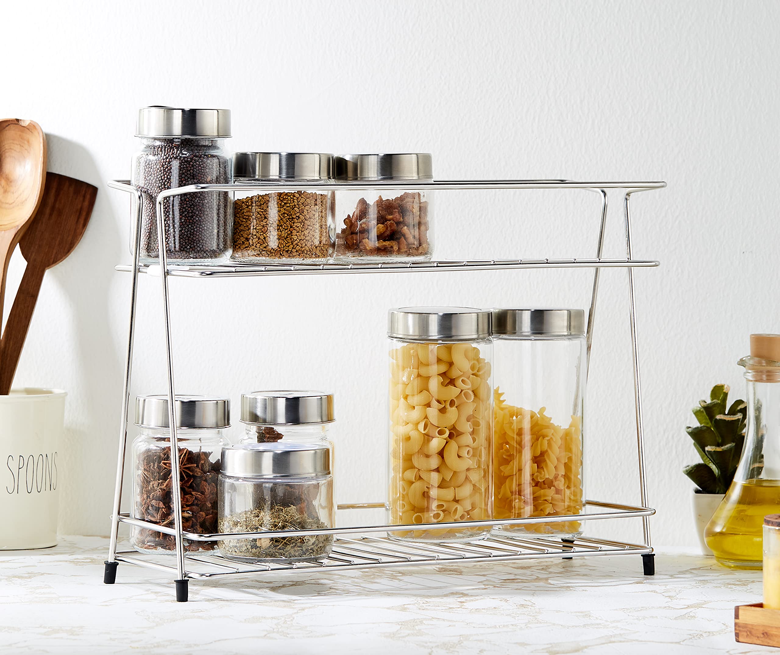 Amazon Brand  Solimo TwoTier Countertop Kitchen Rack, Stainless Steel (36 Cm X 29 Cm X 16 Cm), Tiered Shelf