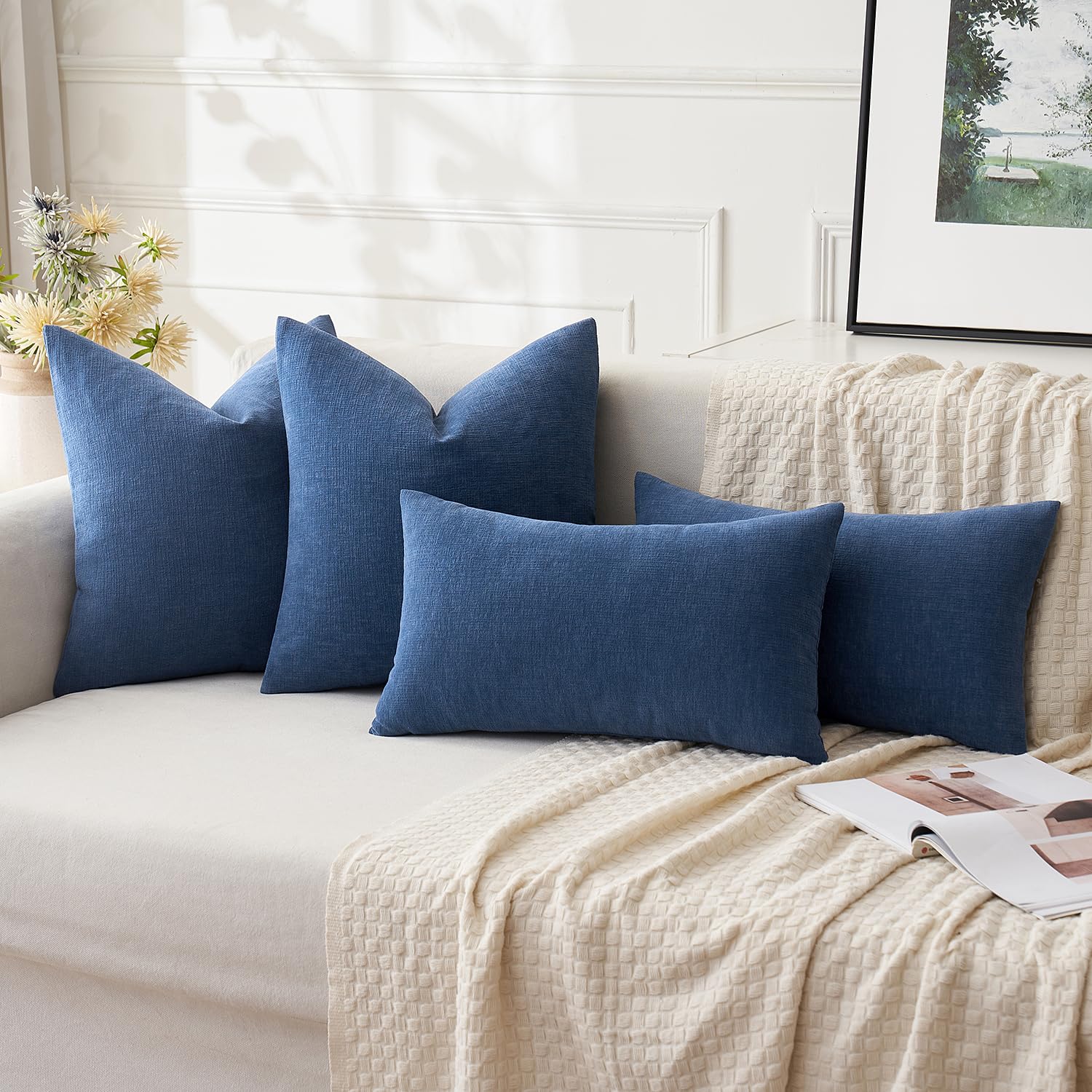Miulee Navy Blue Couch Pillow Covers 18X18 Inch, Set Of 2 Soft Chenille Decorative Square Throw Pillow Covers Farmhouse For Sofa Living Room Bed