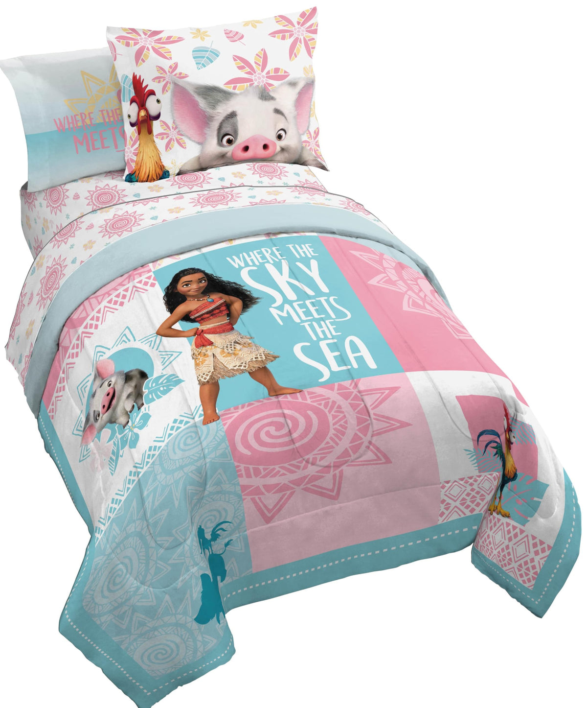 Jay Franco Disney Moana Full Comforter Set  Tropical Patchwork 7 Piece Bedding Features Pua And Hei Hei -Includes Sheet Set & Pi