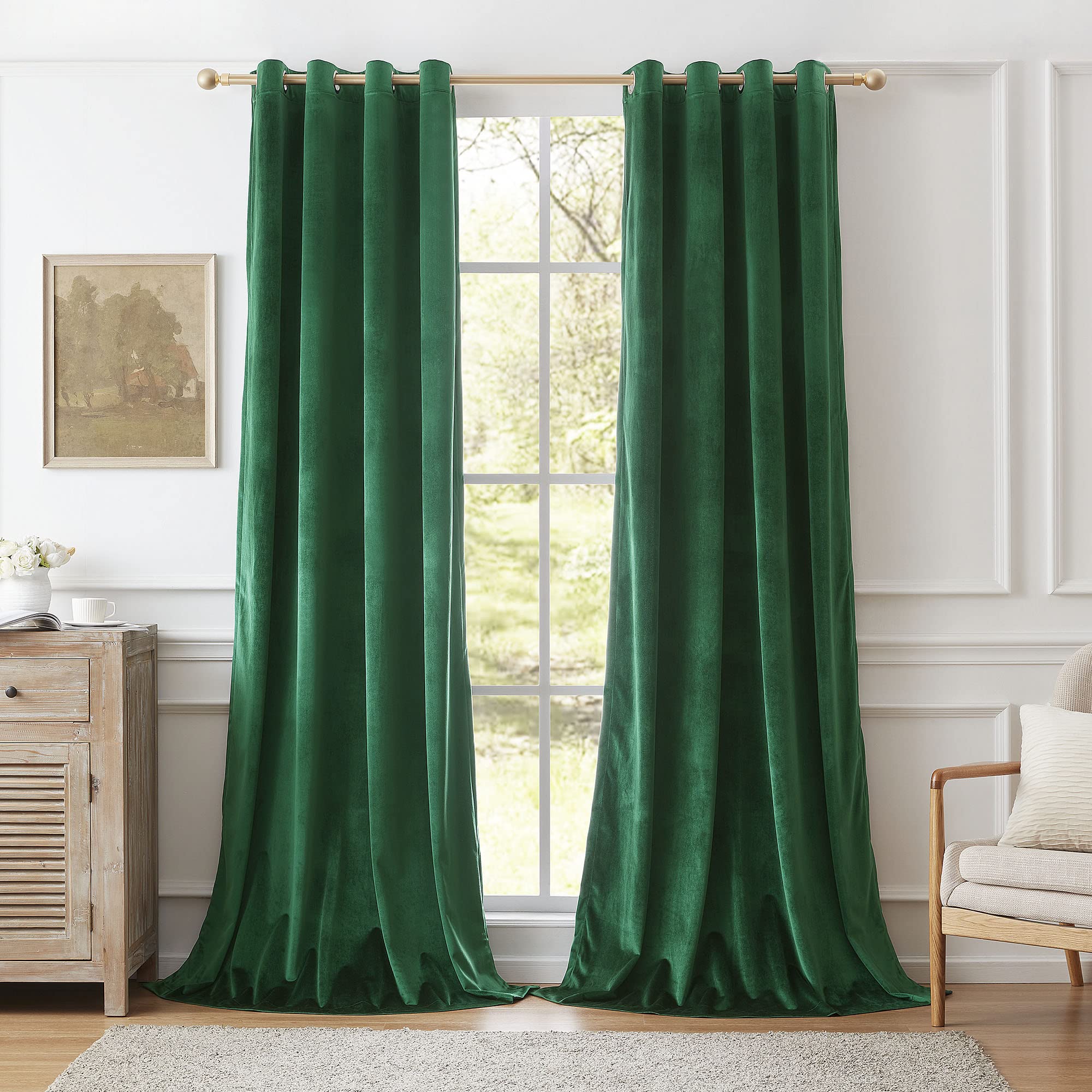 Bulbul Green Curtains 108 Inch Length- Living Room Velvet Blackout Window Drapes Thermal Insulated Room Darkening Decor Grommet