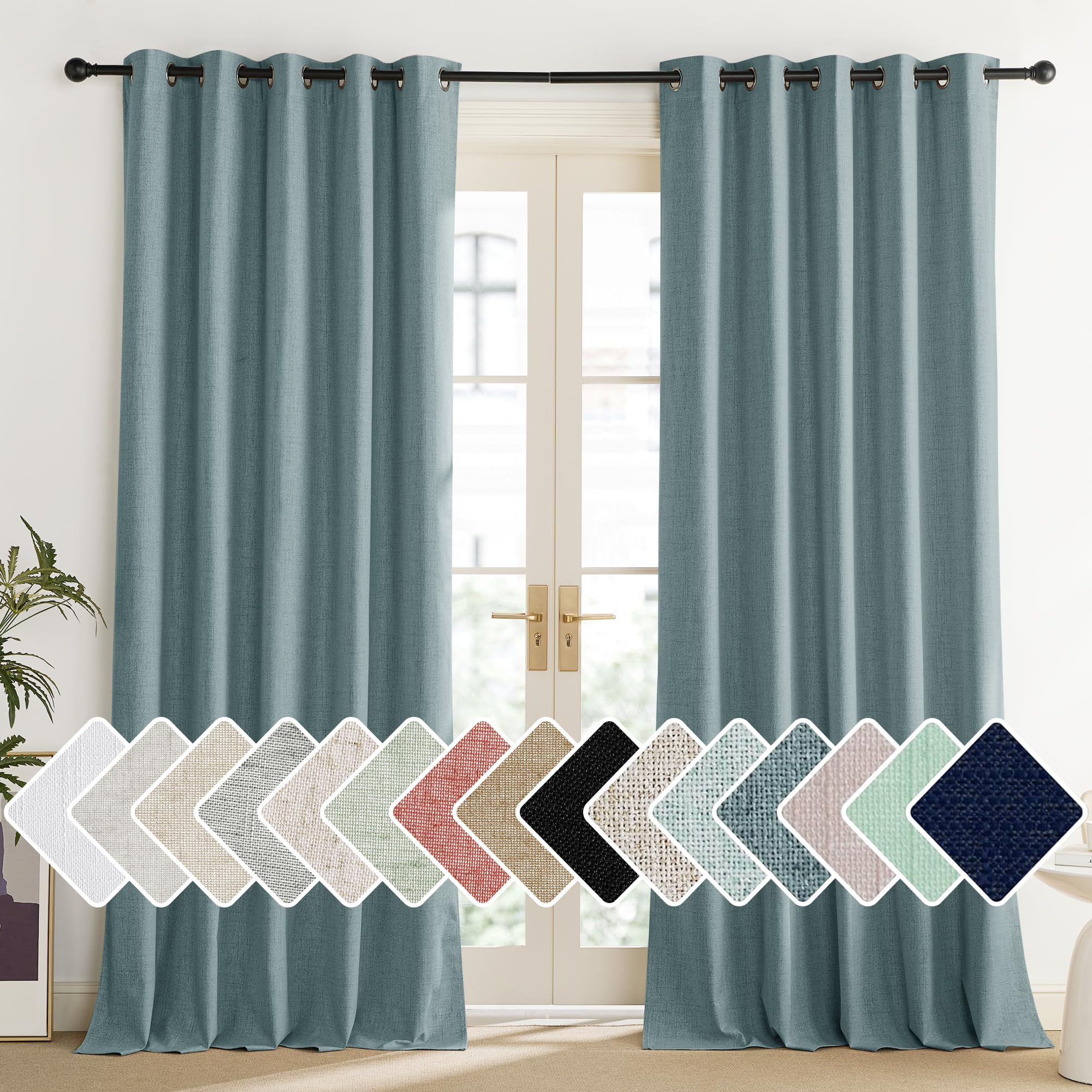 NICETOWN 100% Absolutely Blackout Linen Curtains with Thermal Insulated Liner, Skylark Blue, 62 Wide, 84 Length Energy Saving Cu