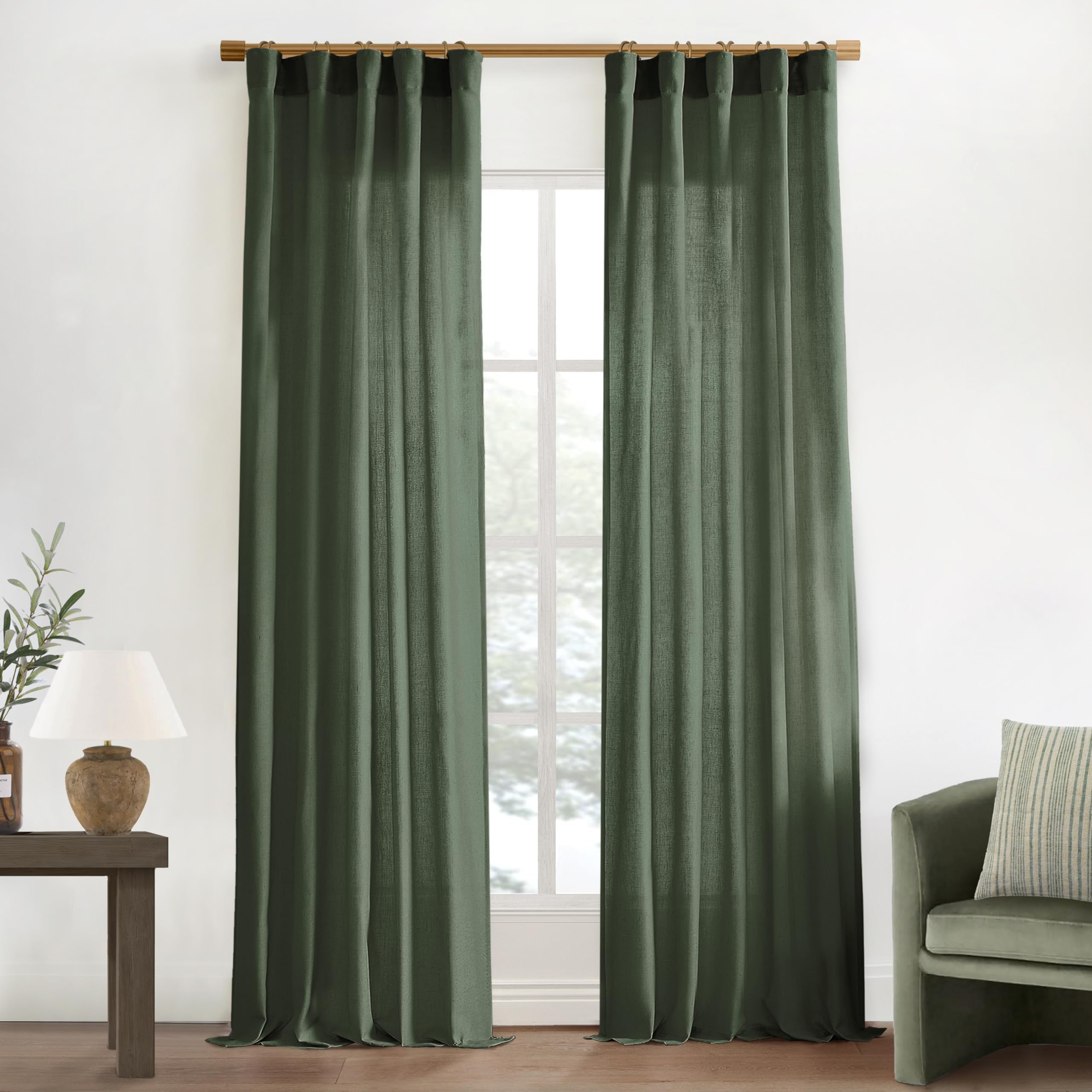 Xtmyi Drapes Curtains For Living Room,2 Panels Set Linen Semi Sheer Boho Back Tab Pleated Window Treatments For Bedroom,Olive Gr