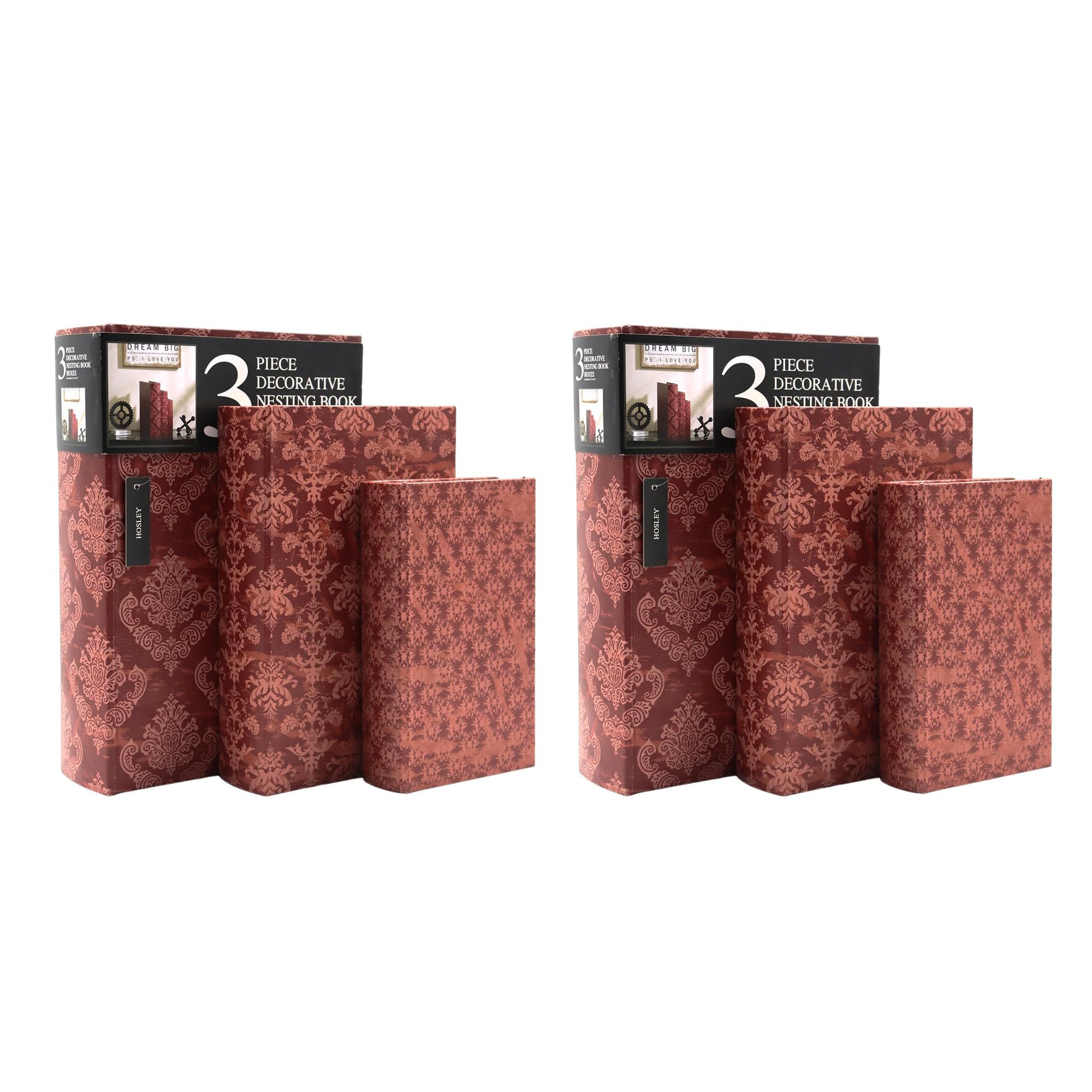 Hosley 2 Sets Storage Farmhouse Memory Book Boxes Set of 3, Red Brown & Gold,12, 10, 8 H. Ideal Gift for Wedding Memories Jewelr