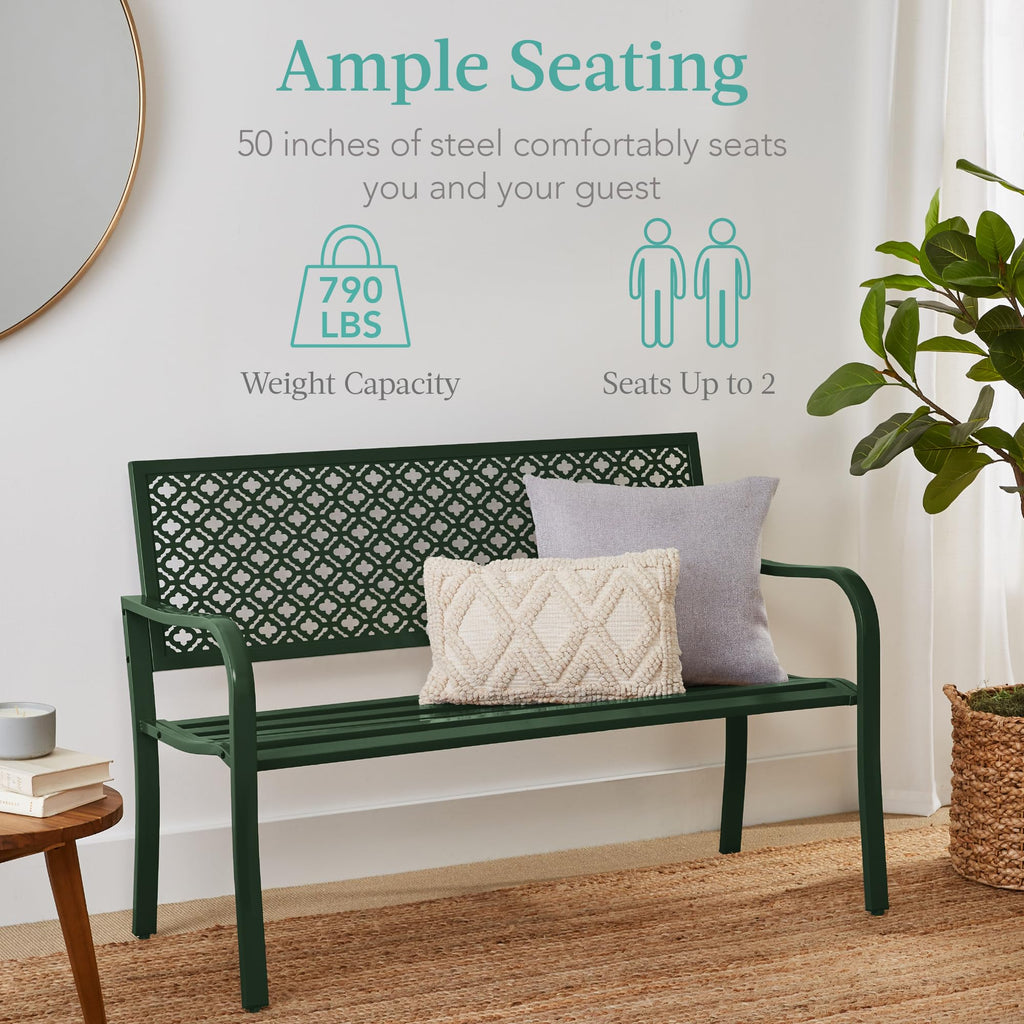 Best Choice Products Outdoor Bench 2-Person Metal Steel Benches Furniture For Garden, Patio, Porch, Entryway W/Geometric Backrest, 790Lb Capacity - Dark Green