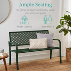 Best Choice Products Outdoor Bench 2-Person Metal Steel Benches Furniture For Garden, Patio, Porch, Entryway W/Geometric Backrest, 790Lb Capacity - Dark Green