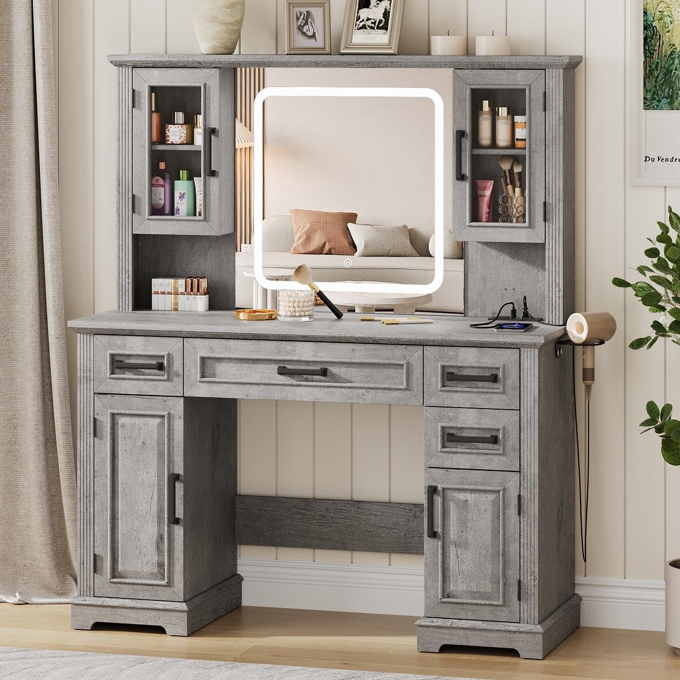 Maupvit Farmhouse Vanity Desk with Mirror and Lights, Makeup Vanity Table with Charging Station, 45 Bedroom Table with 4 Drawers