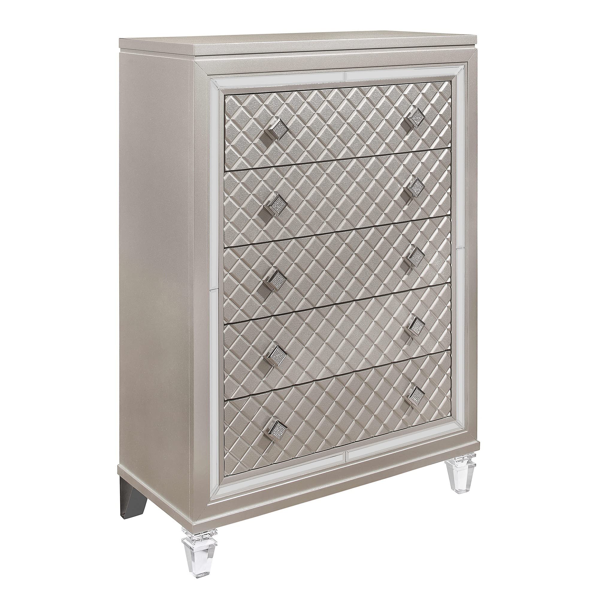 HomeRoots Wood Champagne Toned Chest with Tapered Acrylic Legs and 5 Drawers