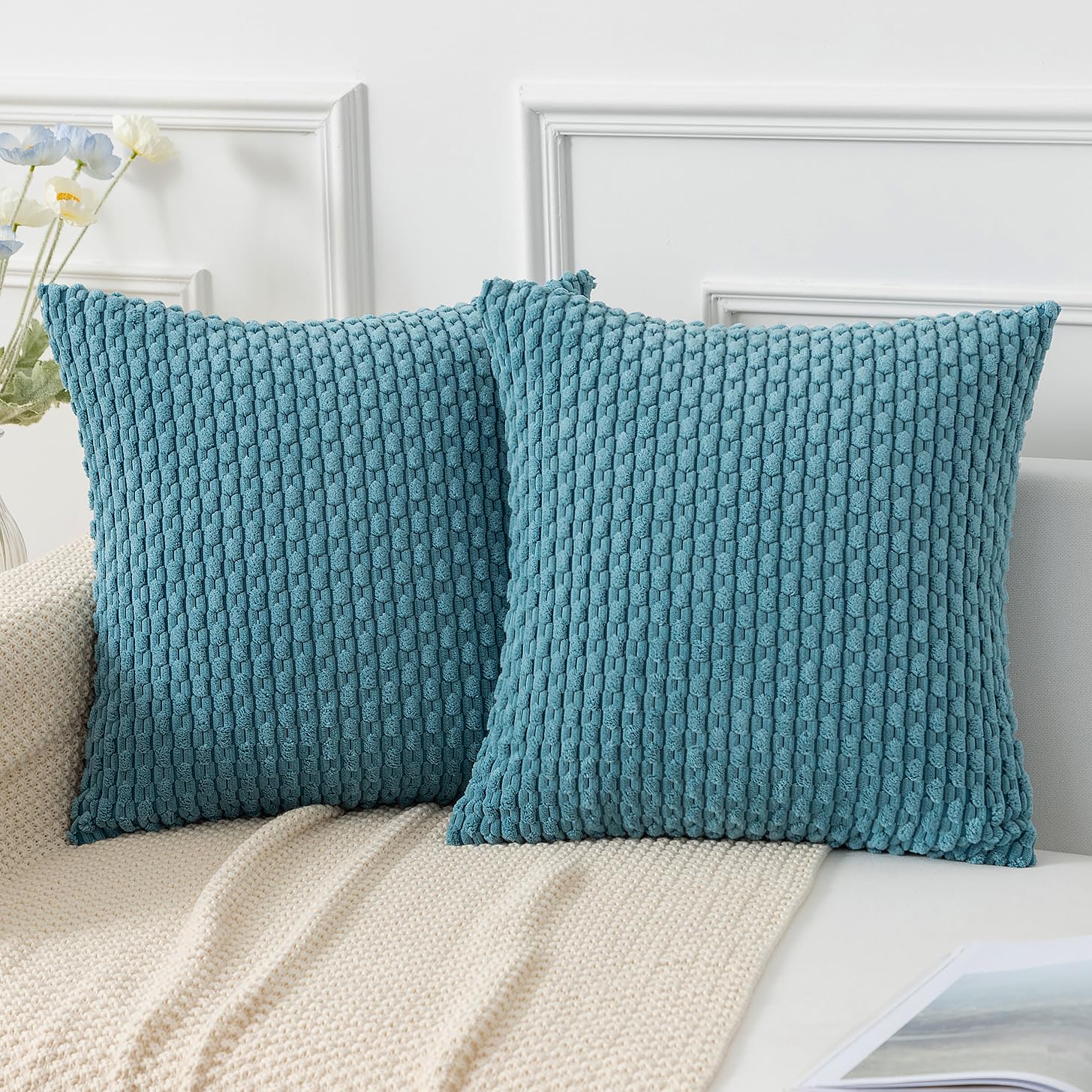 Kevin Textile Throw Pillow Covers Soft Corduroy Decorative Set Of 2 Boho Striped Pillow Covers Pillowcases Farmhouse Home Decor For Couch Bed Sofa Living Room 16X16 Inch Light Blue