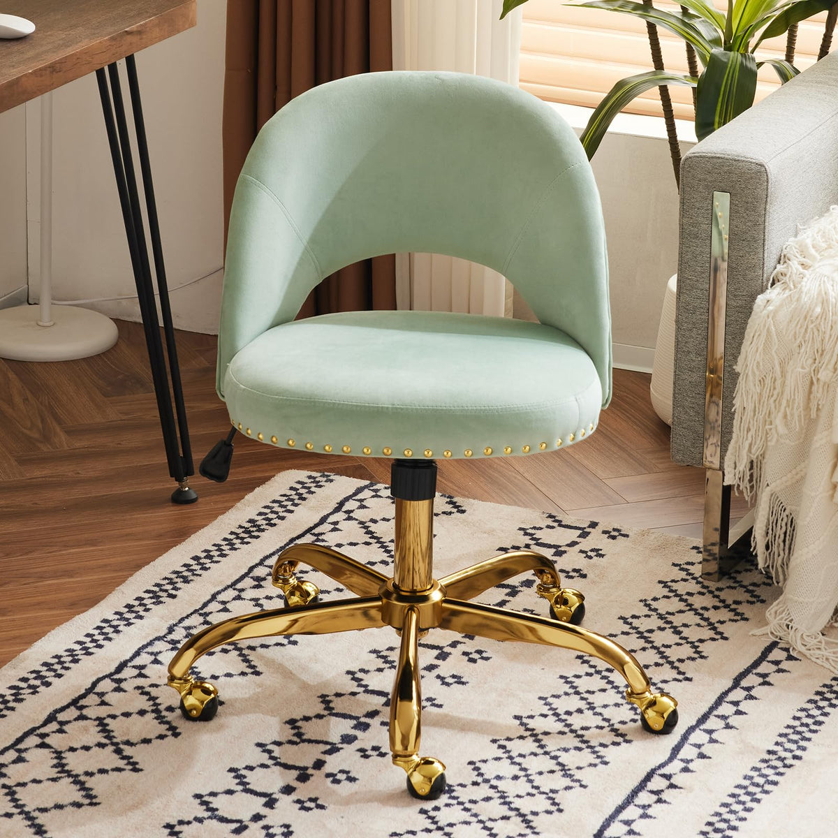 VINGLI Modern Velvet Small Office Chair,Cute Desk Chair with Wheels,Gold Base/Studs, Comfy Armless Swivel Vanity Task Chair for 