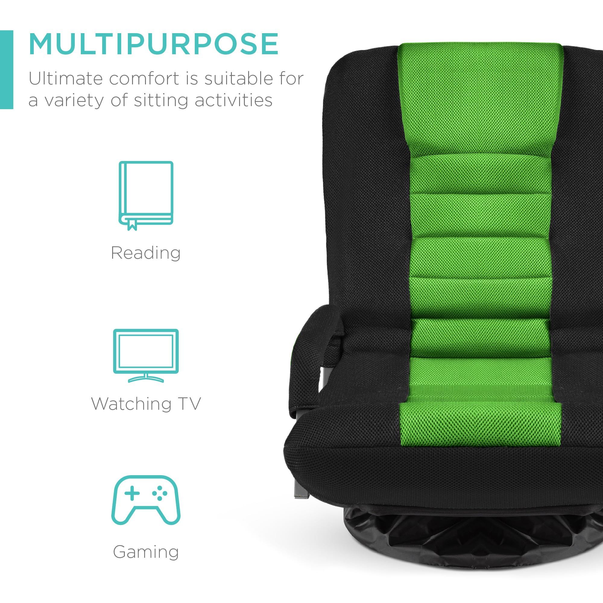 Best Choice Products Swivel Gaming Chair 360 Degree Multipurpose Floor Chair Rocker For Tv, Reading, Playing Video Games W/Lumbar Support, Armrest Handles, Adjustable Backrest - Black/Green