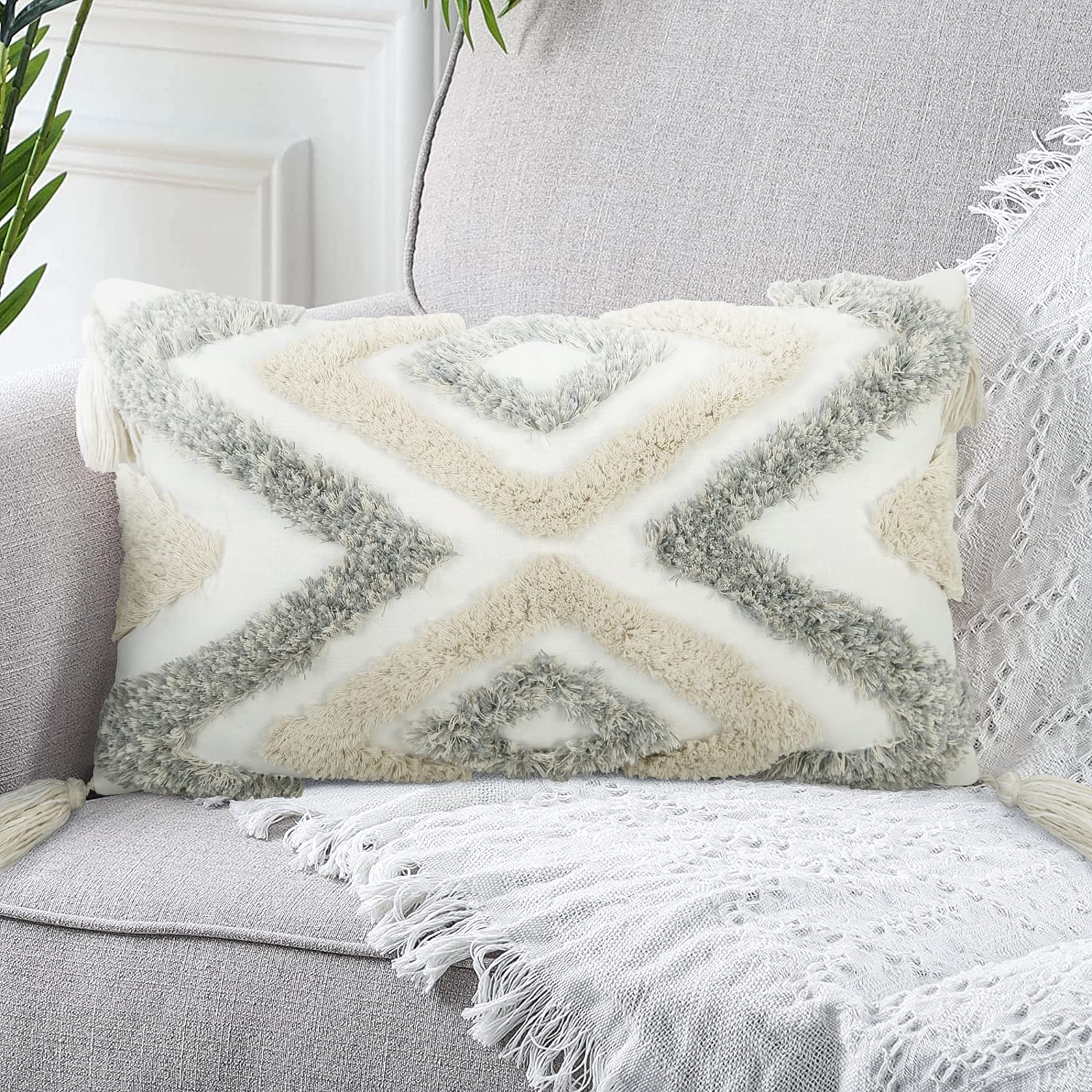 Merrycolor White Grey Boho Pillow Covers 12X20 With Tassels Tufted Decorative Gray Throw Pillows Neutral Modern Accent Pillowcas