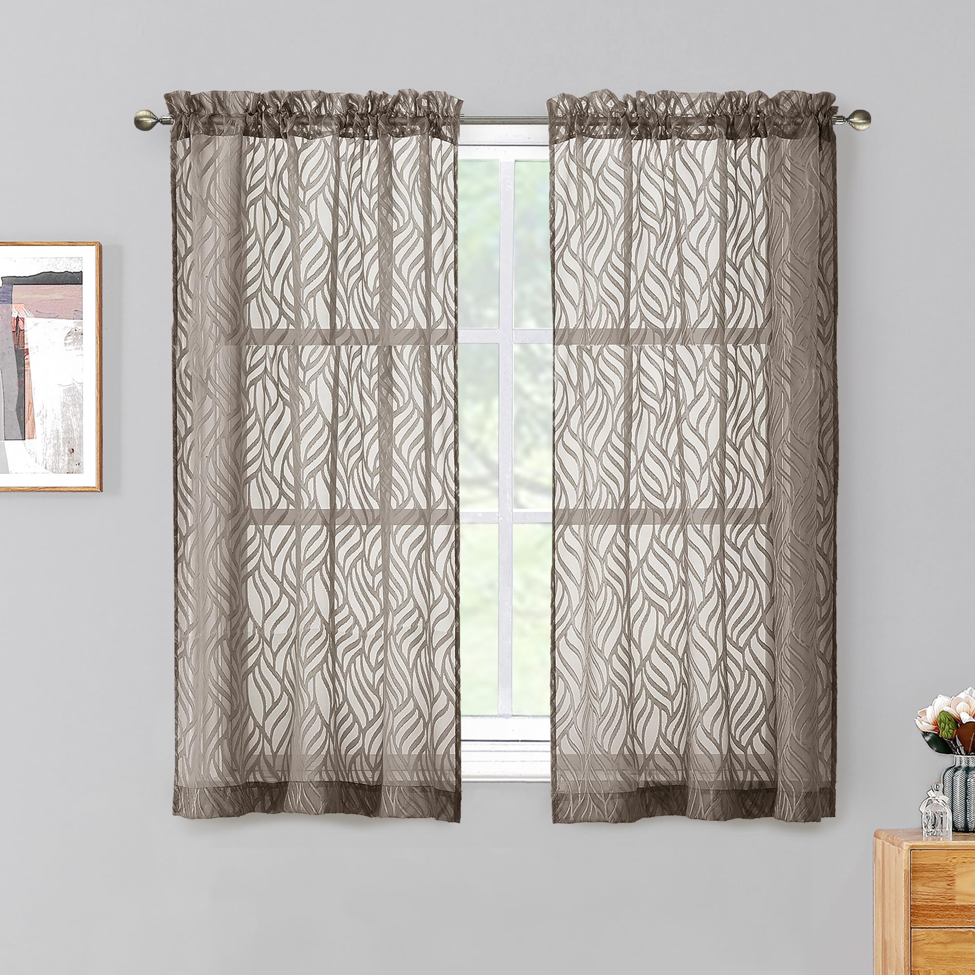Chyhomenyc Marilyn Chocolate Brown Sheer Curtains 45 Inch Length 2 Panels For Bedroom, Light Filtering Soft Airy Leaf Clip Jacqu