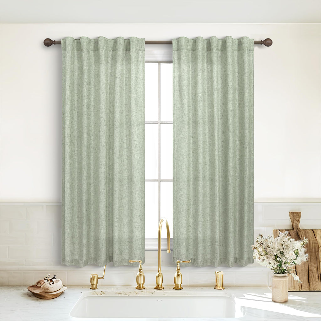 Koufall Sage Green Back Tab Rod Pocket Linen Sheer Curtains 38 By 54 For Bedroom