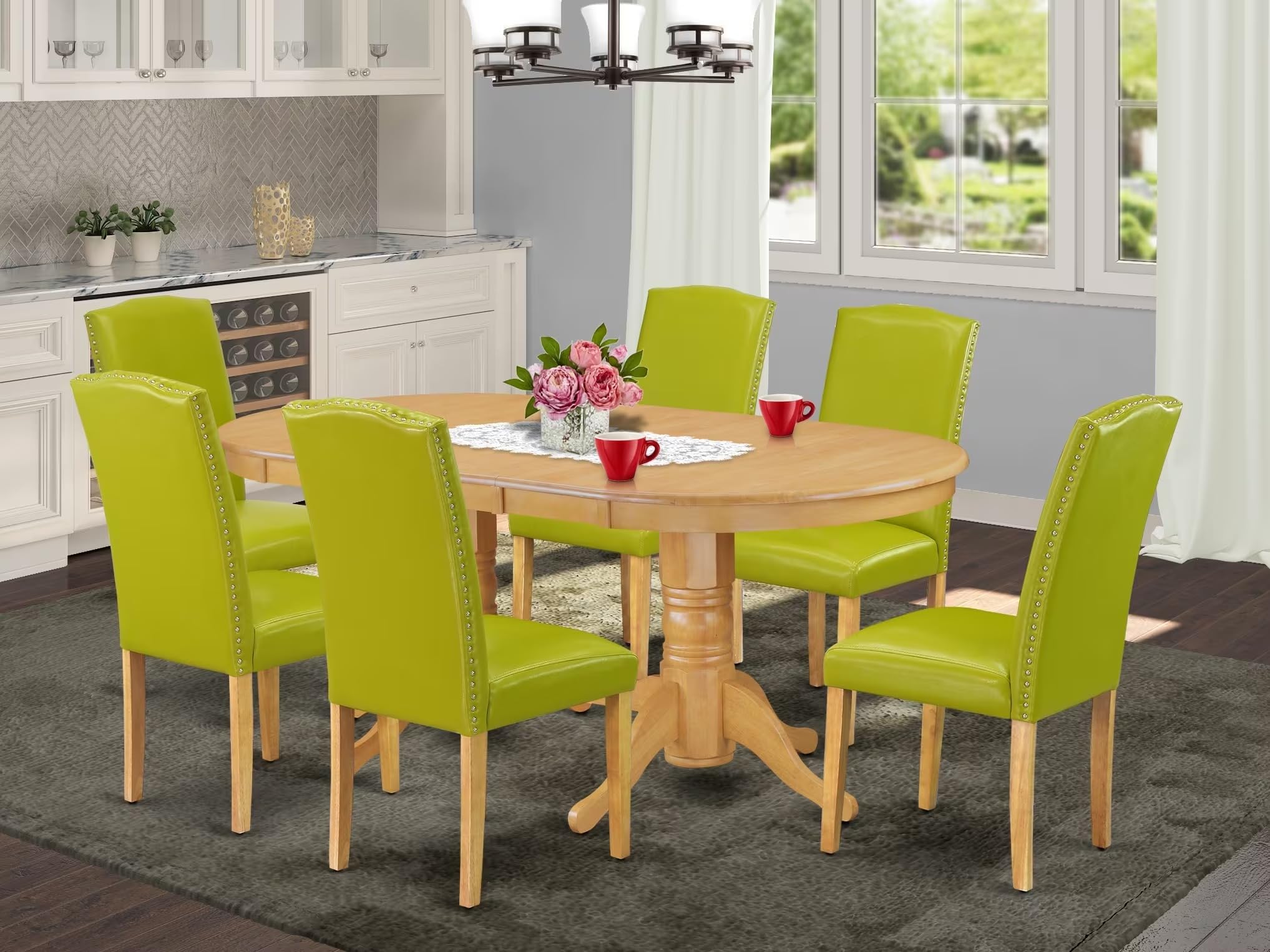 East West Furniture Vaen7-Oak-51 7 Piece Modern Dining Table Set Consist Of An Oval Wooden Table With Butterfly Leaf And 6 Autumn Green Faux Leather Parsons Chairs, 40X76 Inch, Oak