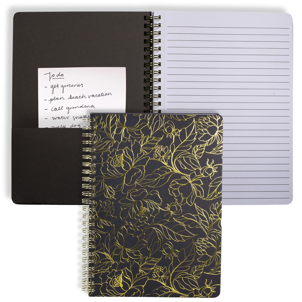 Steel Mill & Co Cute Black Mini Spiral Notebook, 8.25' X 6.25' Journal With Durable Hardcover And 160 Lined Pages, Linear Gold