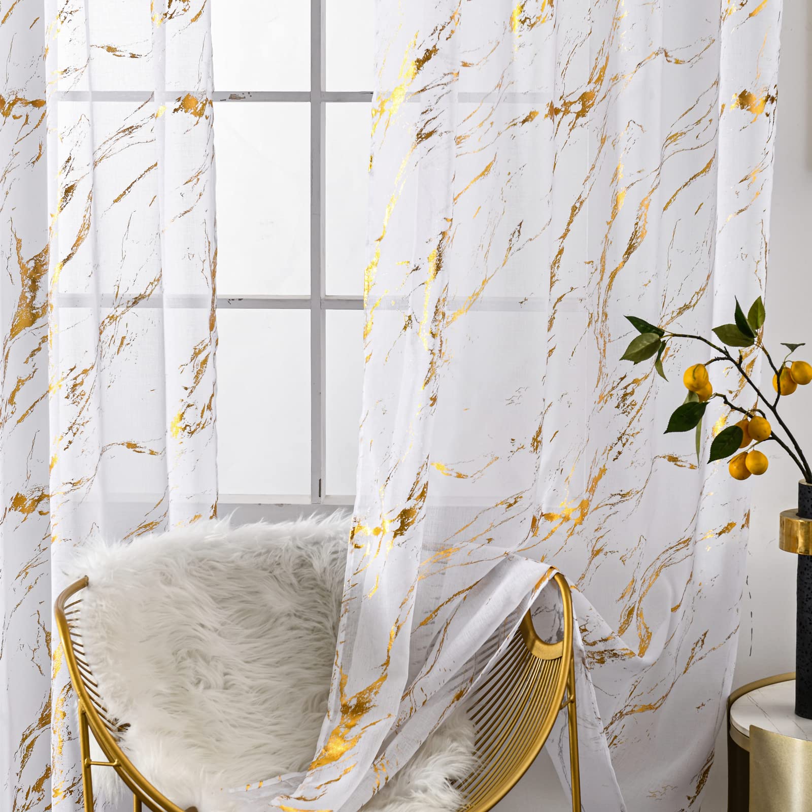 Sutuo Home Marble White Sheer Curtains 63 Inch Length 2 Panels Set, Gold Foil Print Metallic Bronzing, Privacy Window Treatment