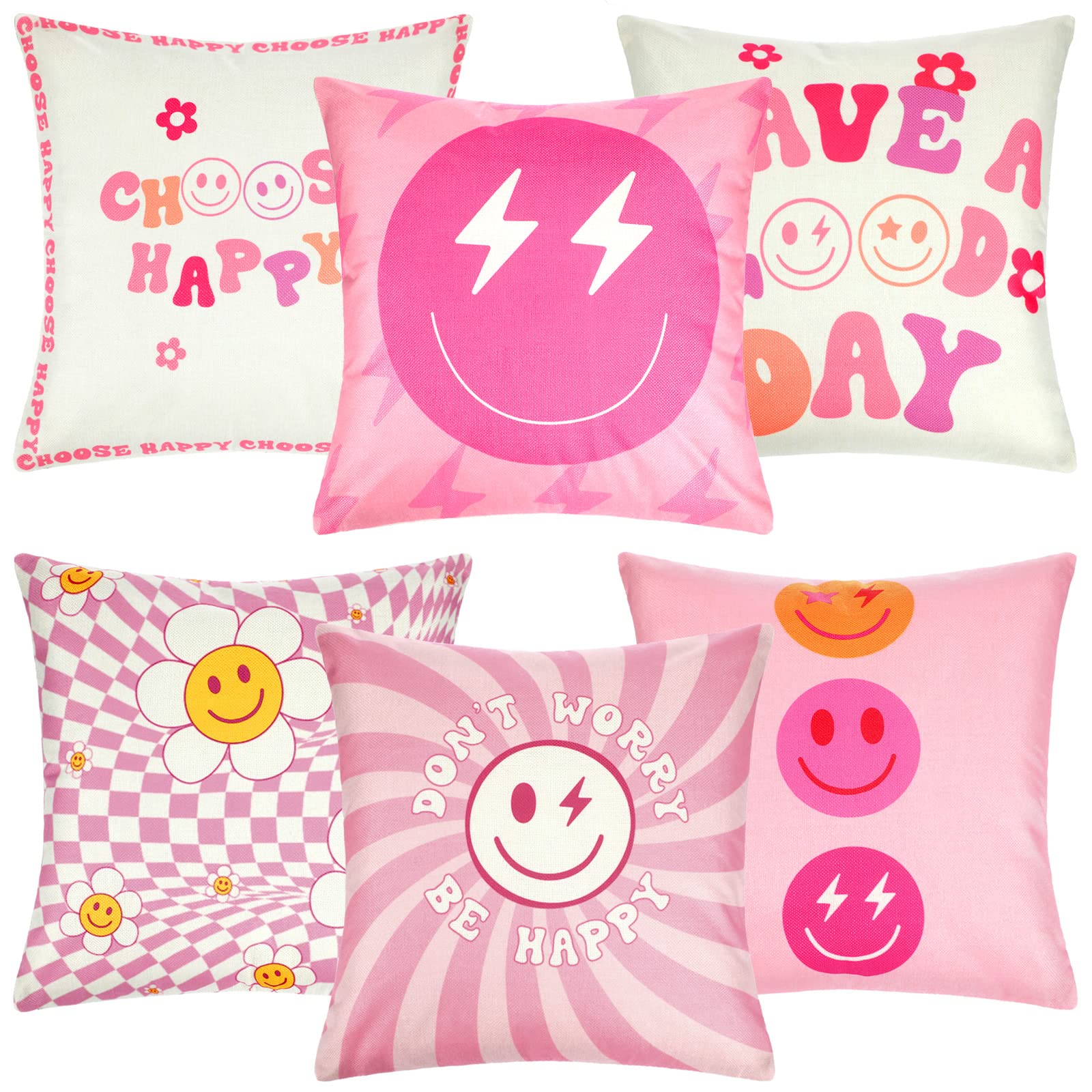 6 Pcs Decorative Preppy Throw Pillows Cushion Covers Cute Aesthetic Covers Smile Face Room Decor Stuff Pillow Case For Teen Girl