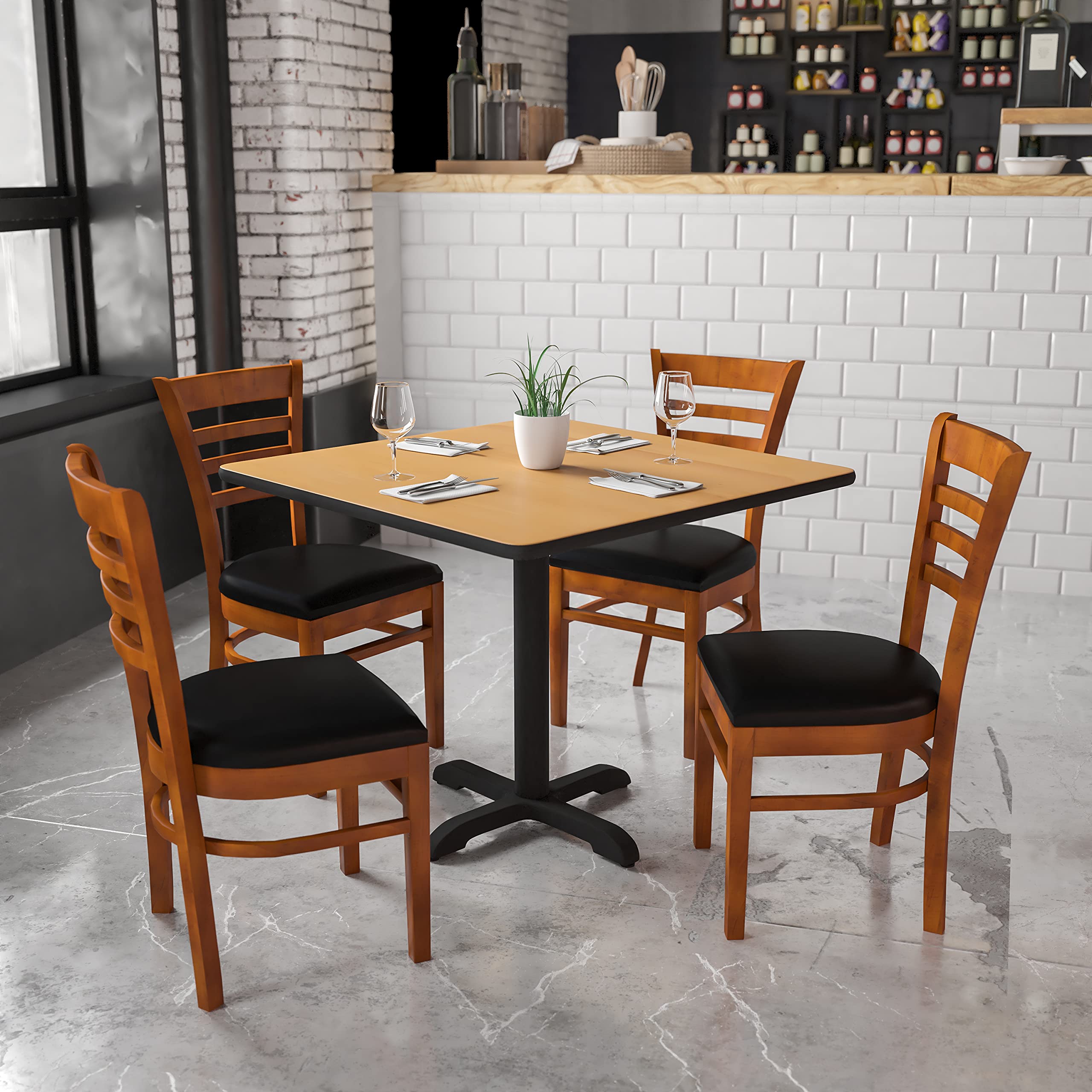 Flash Furniture Hercules Series Ladder Back Cherry Wood Restaurant Chair - Black Vinyl Seat
