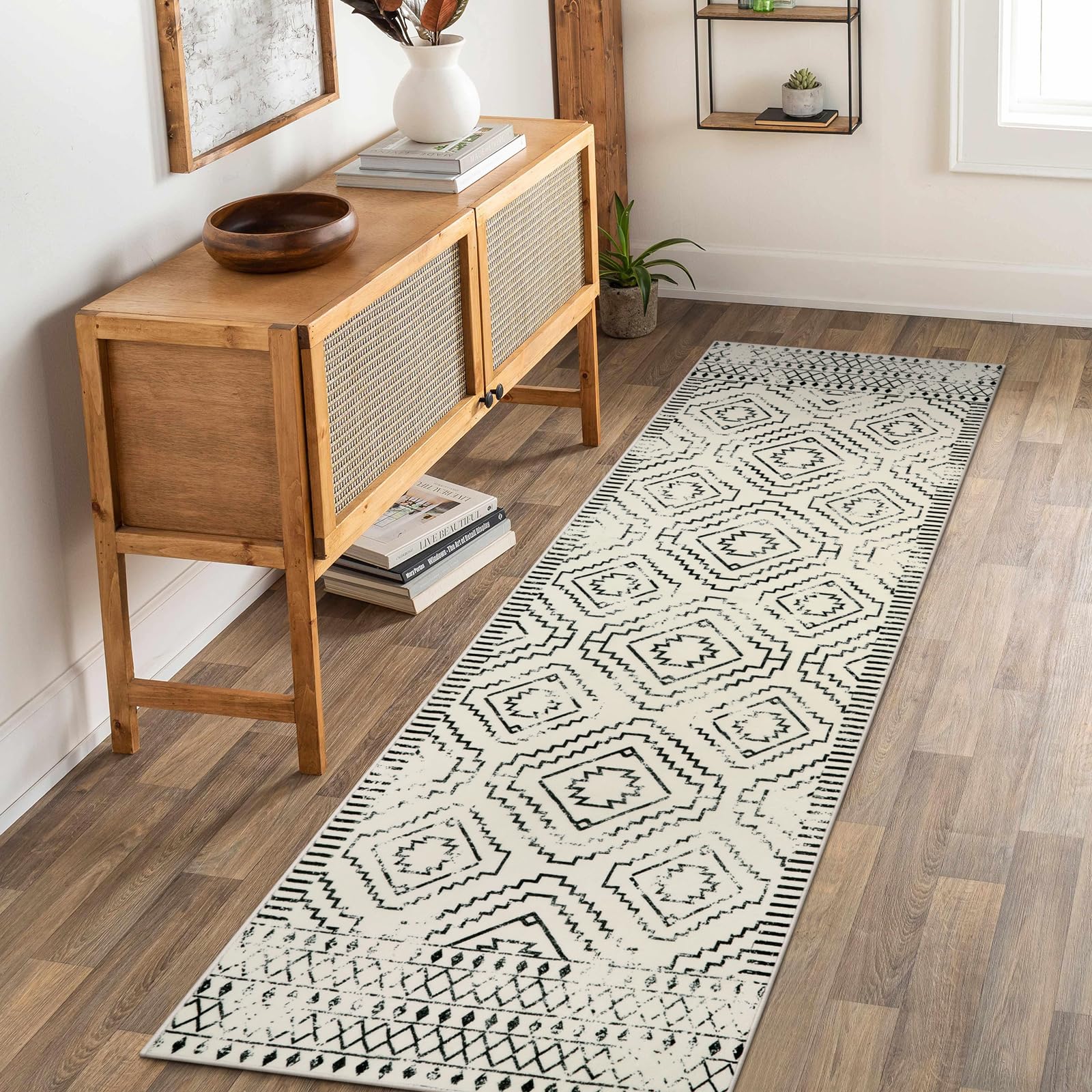 Wonnitar Moroccan Runner Rug, Washable 26x8 Kitchen Runner Rug, Geometric White Hallway Bathroom Rug Runner, Non-Slip Long Boh