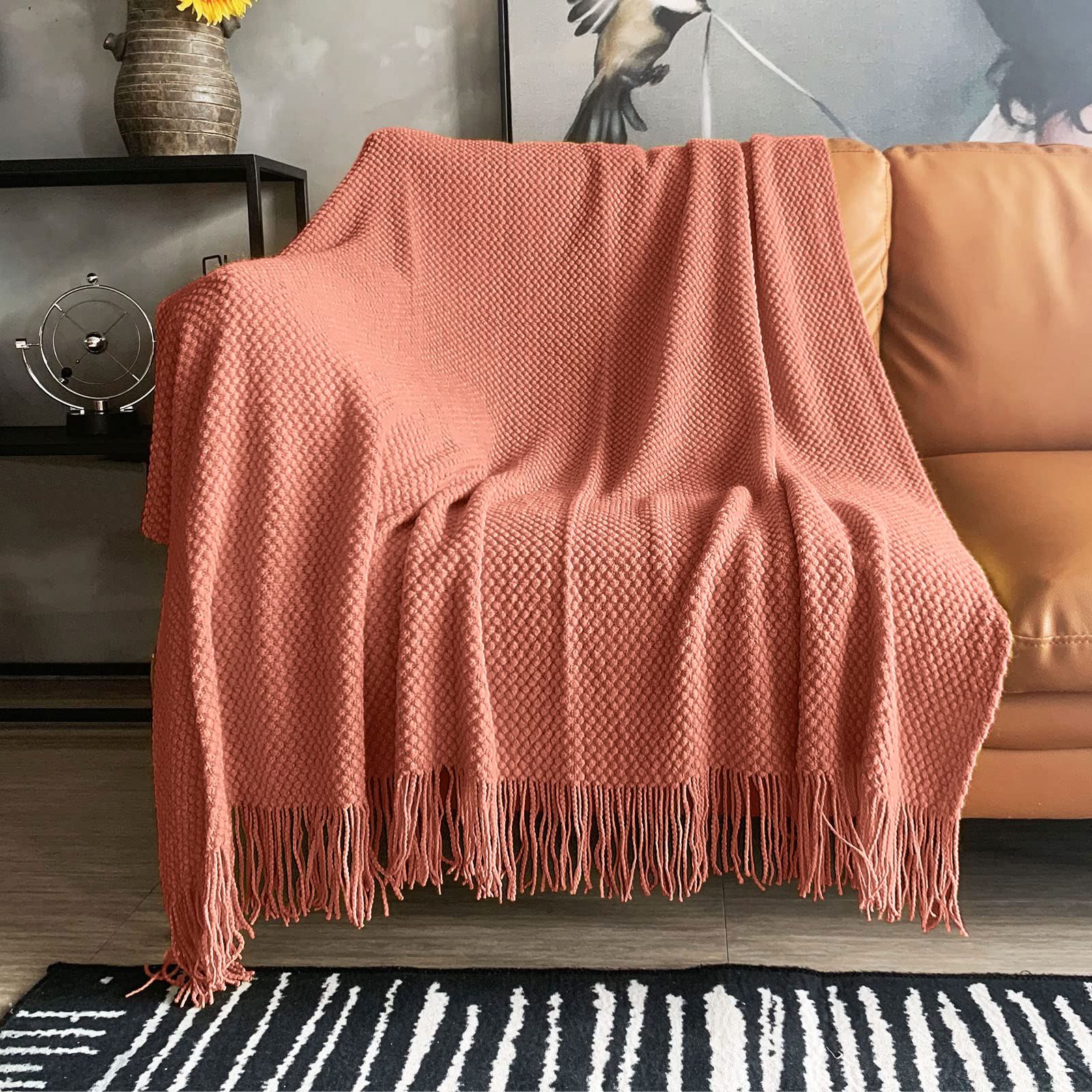 Lomao Knitted Throw Blanket With Tassels Bubble Textured Lightweight Throws For Couch Cover Home Decor (Coral, 60X80)