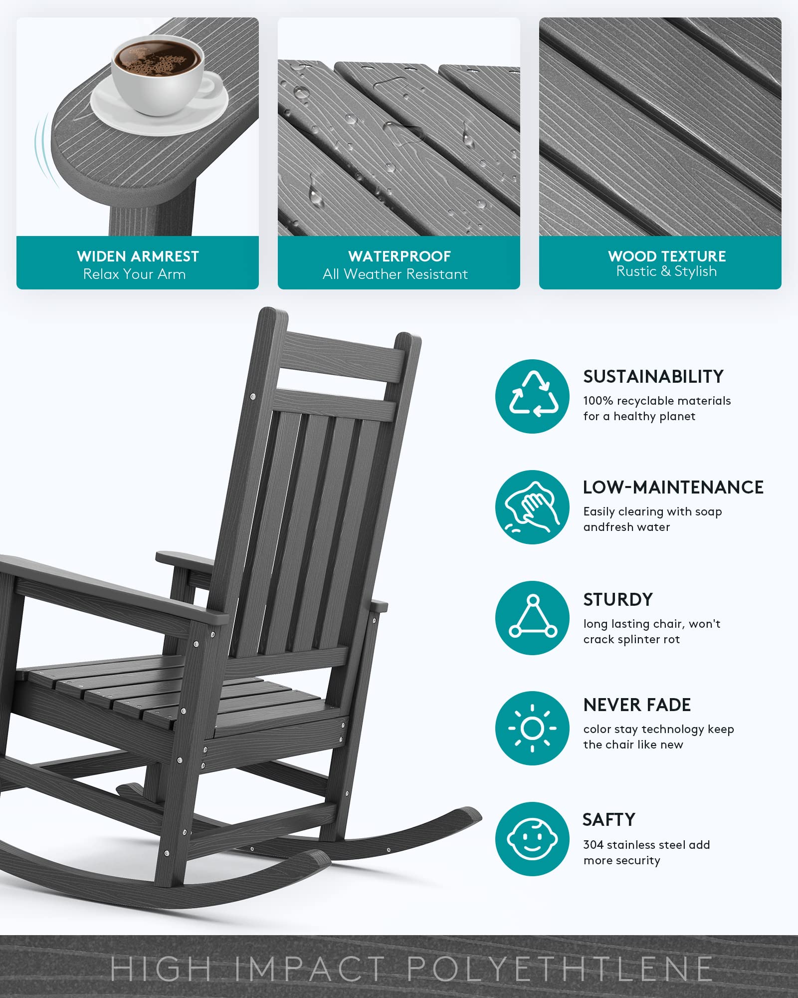 Serwall Outdoor Rocking Chair Set Of 4, Hdpe Rocking Chairs For Adult, All Weather Porch Rockers For Lawn Garden, Grey