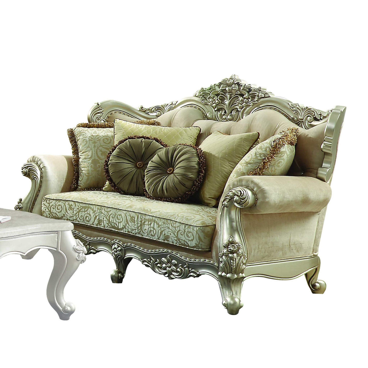 HomeRoots Upholstery, Wood Leg/Trim 41' X 72' X 49' Fabric Champagne Upholstery Wood Leg/Trim Loveseat w/5 Pillows