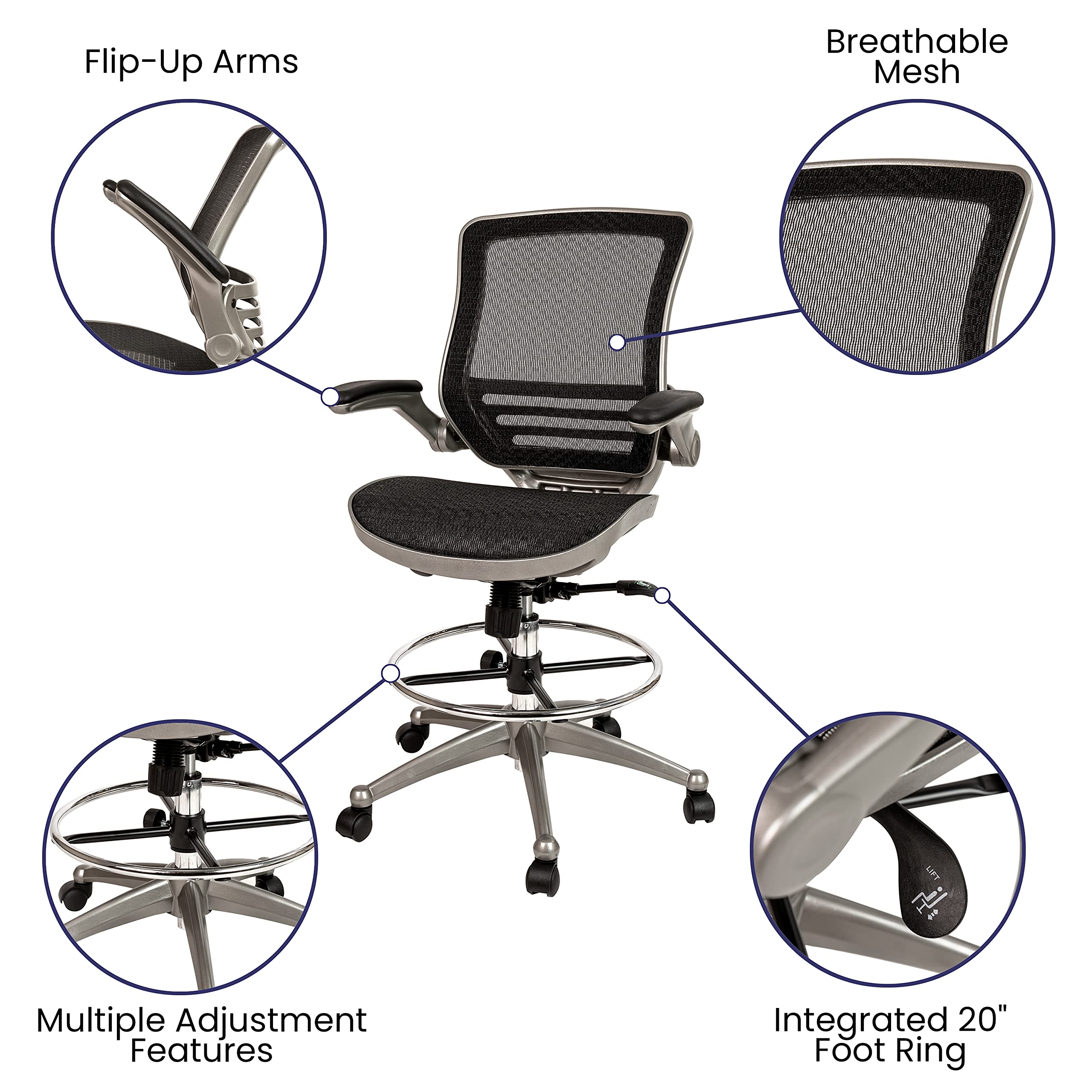 Flash Furniture Waylon Mid-Back Swivel Office Chair with Adjustable Foot Ring and Seat Height, Ergonomic Mesh Chair with Armrests, Black/Silver