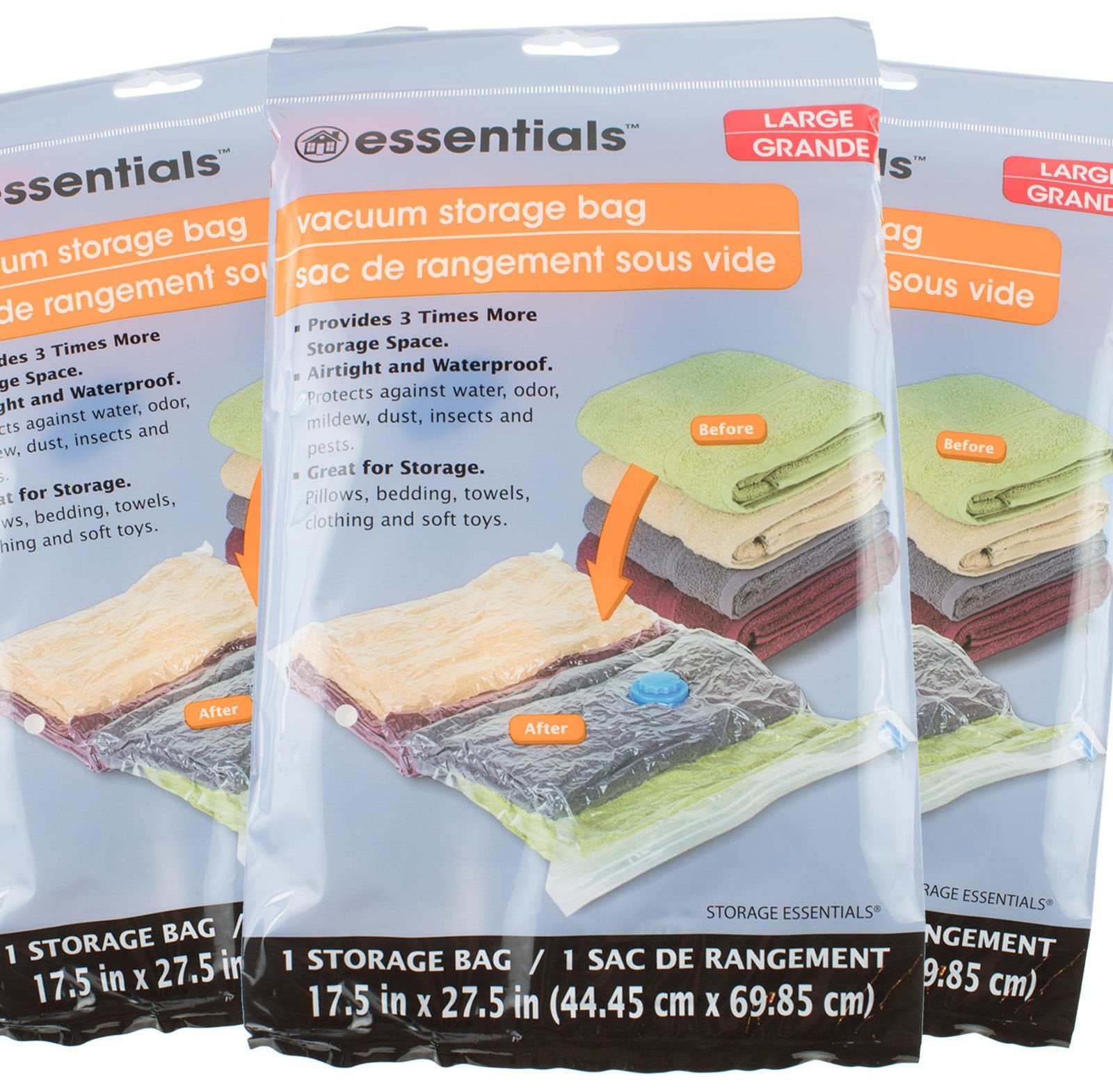 3 NEW ESSENTIALS Large VACUUM STORAGE BAG SPACE SAVER 17.5 in x 27.5 in