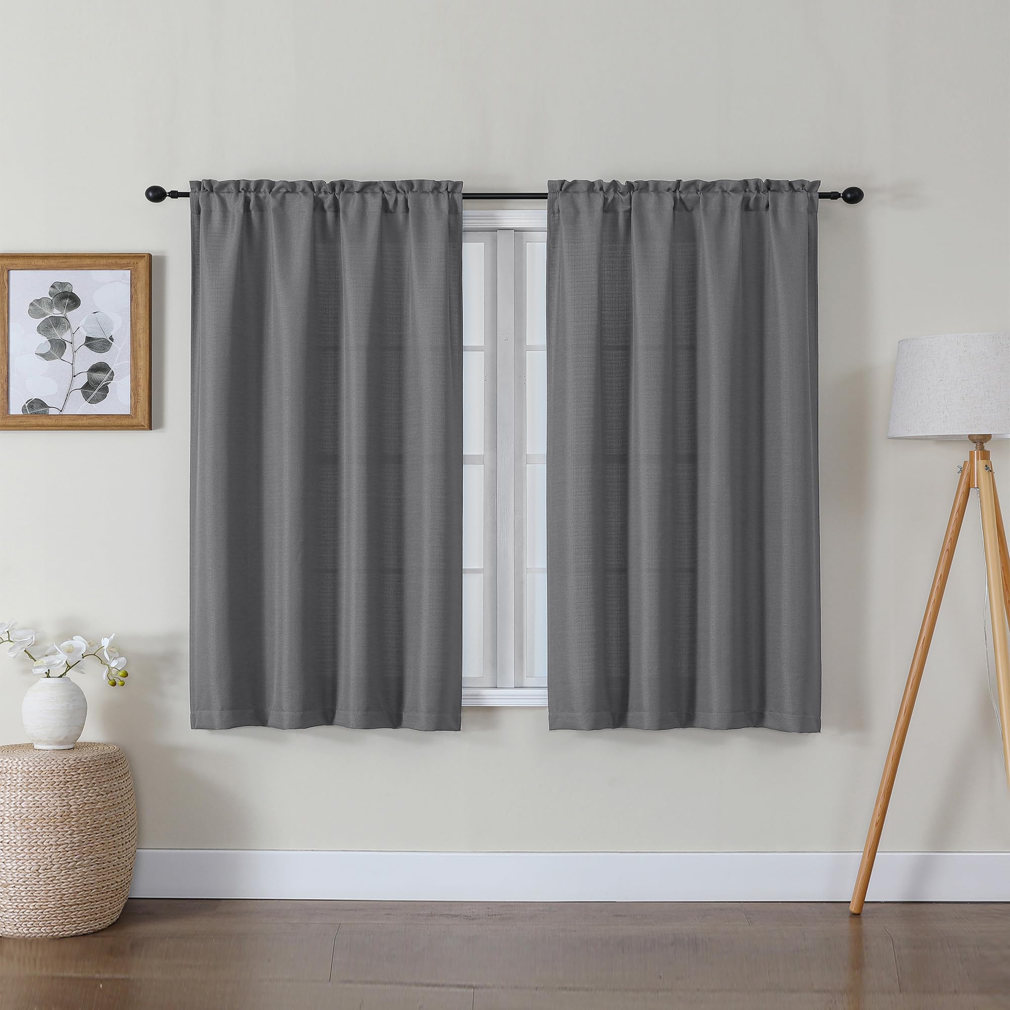 Lecloud Bessie Dark Grey Curtains 45 Inch Length 2 Panels, Light Filtering Curtains for Bedroom, Faux Linen Textured Window Drap