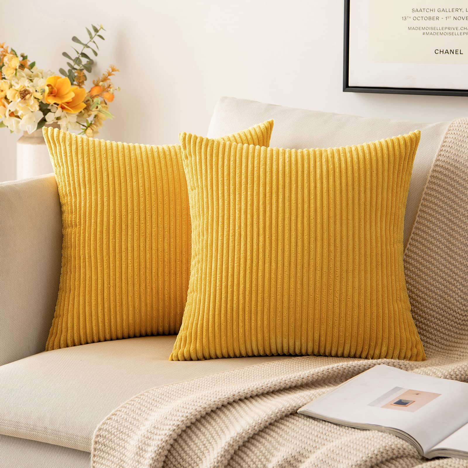 Miulee Pack Of 2 Mustard Yellow Fall Pillow Covers 18X18 Inch Soft Decorative Throw Pillow Covers Corduroy Pillowcases For Sofa