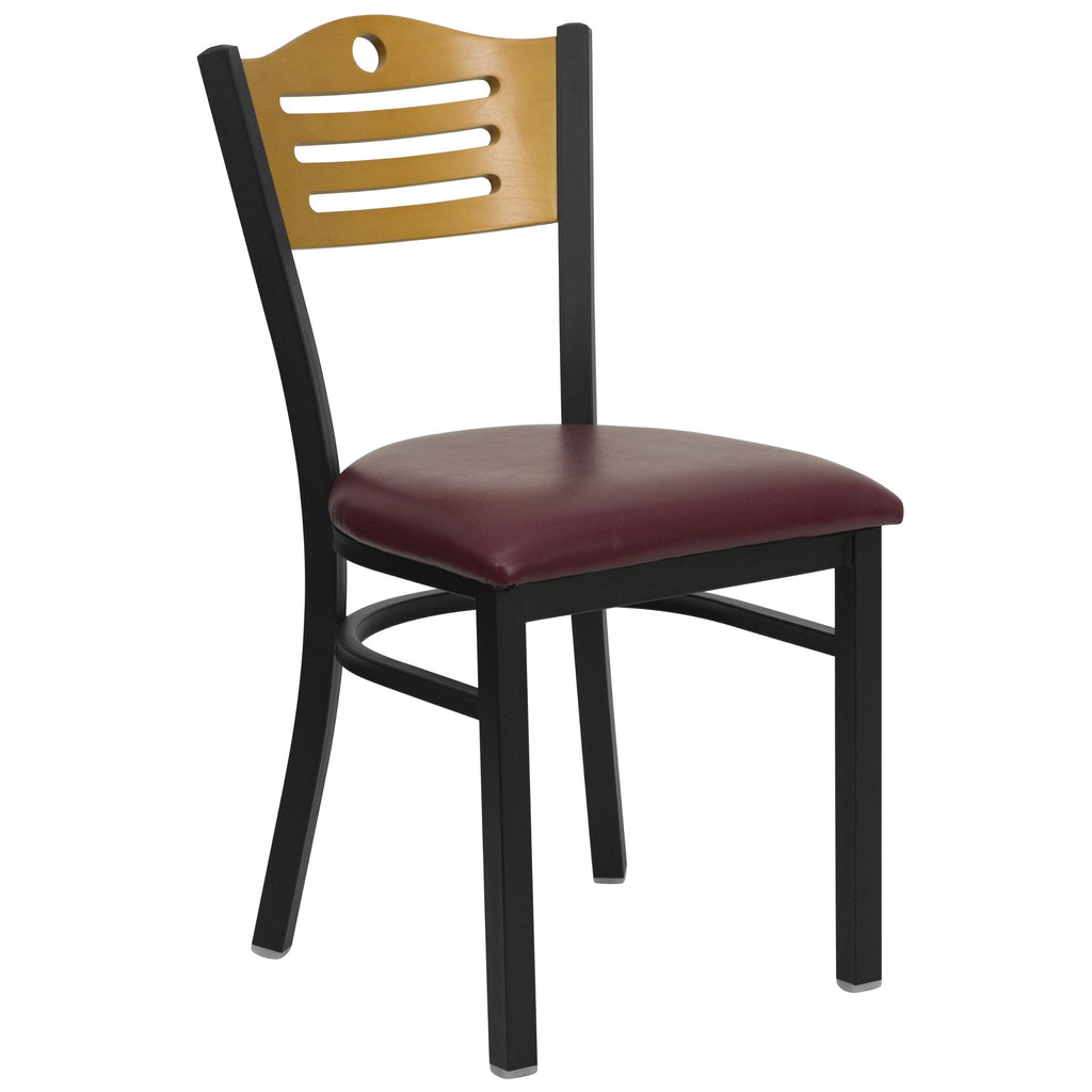 Flash Furniture HERCULES Series Black Slat Back Metal Restaurant Chair - Natural Wood Back, Burgundy Vinyl Seat