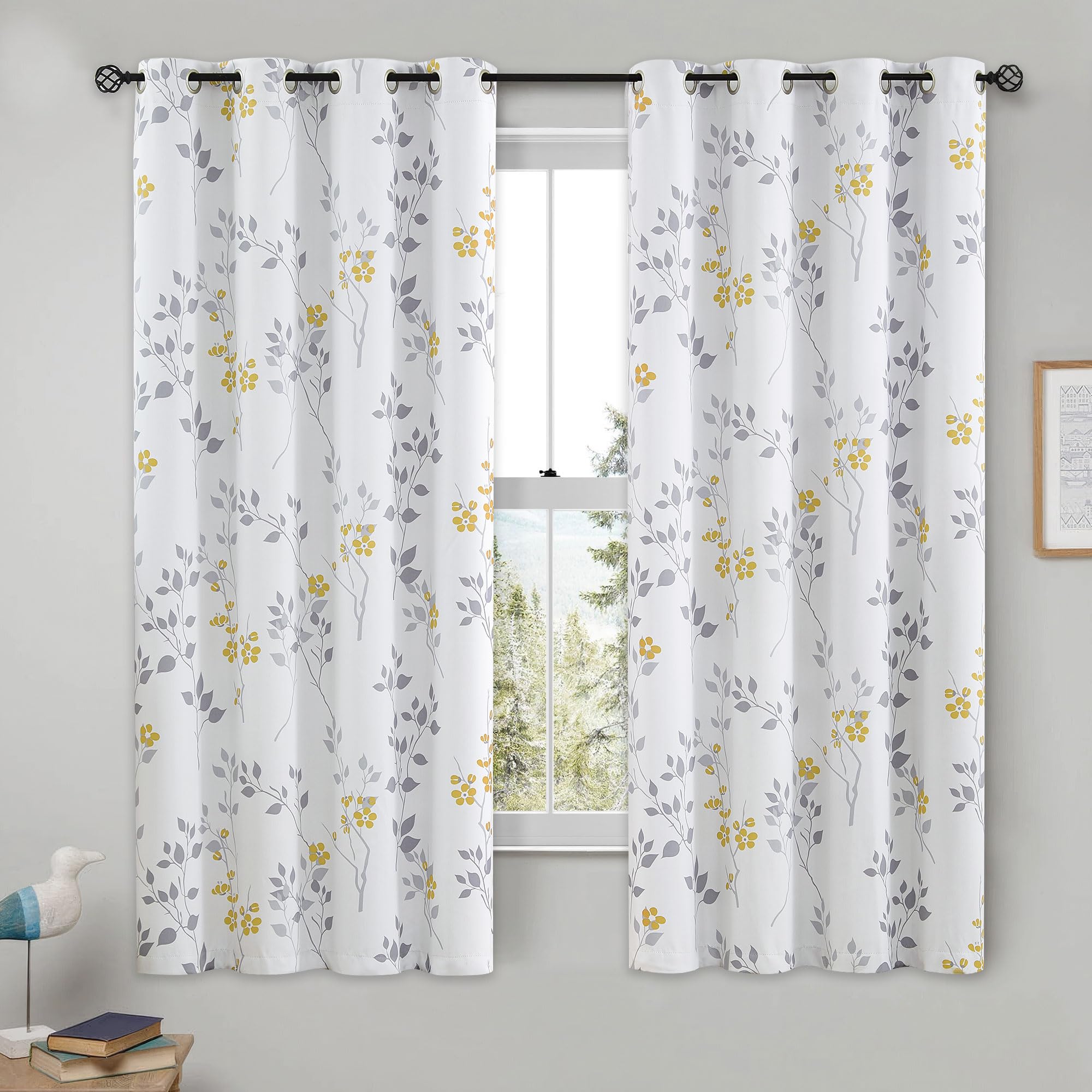 Beauoop Full Blackout Window Curtain Panels Floral Botanical Print Room Darkening Thermal Insulated Energy Efficient Drapes Leaf