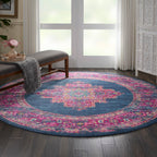 Nourison Passion Blue 8' X Round Area-Rug, Boho, Traditional, Easy-Cleaning, Non Shedding, Bed Room, Living Room, Hallway, (8' R