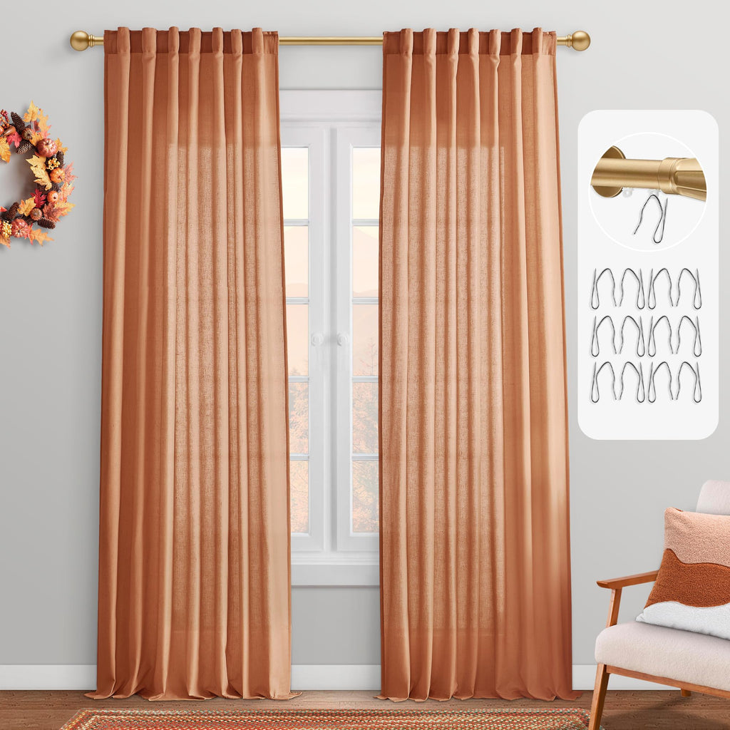 PANELSBURG Rust Curtains 96 Inches Long for Bedroom,Terracotta Boho Rustic Farmhouse Semi Sheer Linen Fall Curtains for Living R