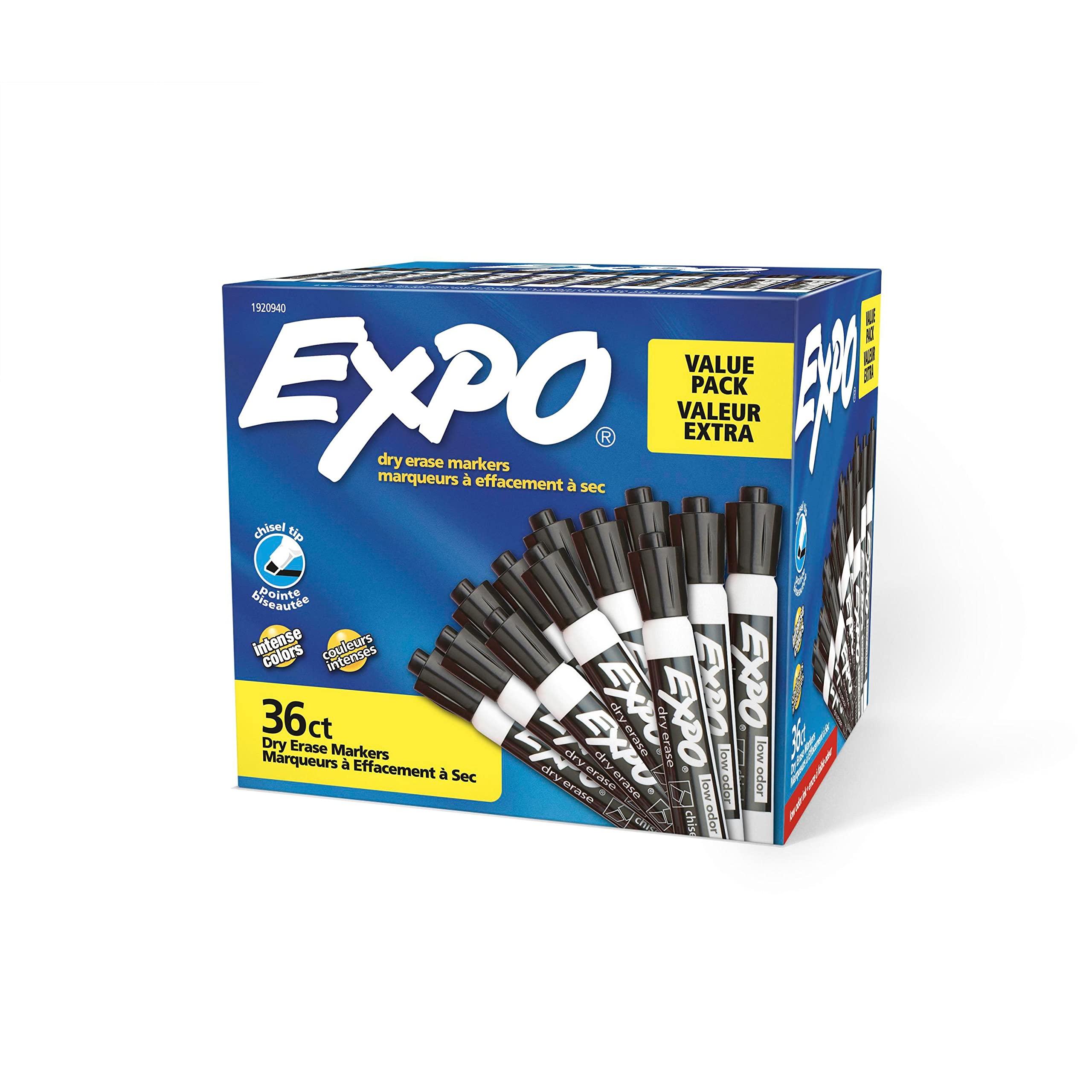 Expo White Board Dry Erase Markers, Chisel Tip - Perfect Dry Erase Board Markers, Whiteboard Markers, Low-Odor, Black, Pack Of 3