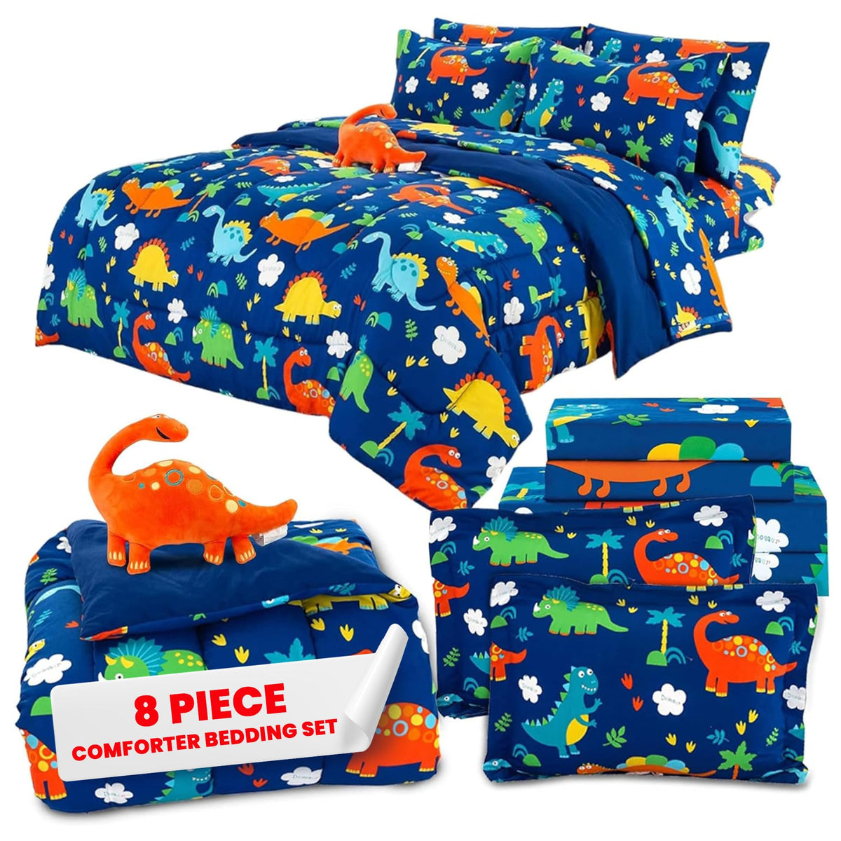 Sapphire Home 8 Piece Dinosaur Full Bedding Set For Boys, Bed In A Bag, Kids Comforter Set With Bed Sheets, Pillow Case, Toy Pil