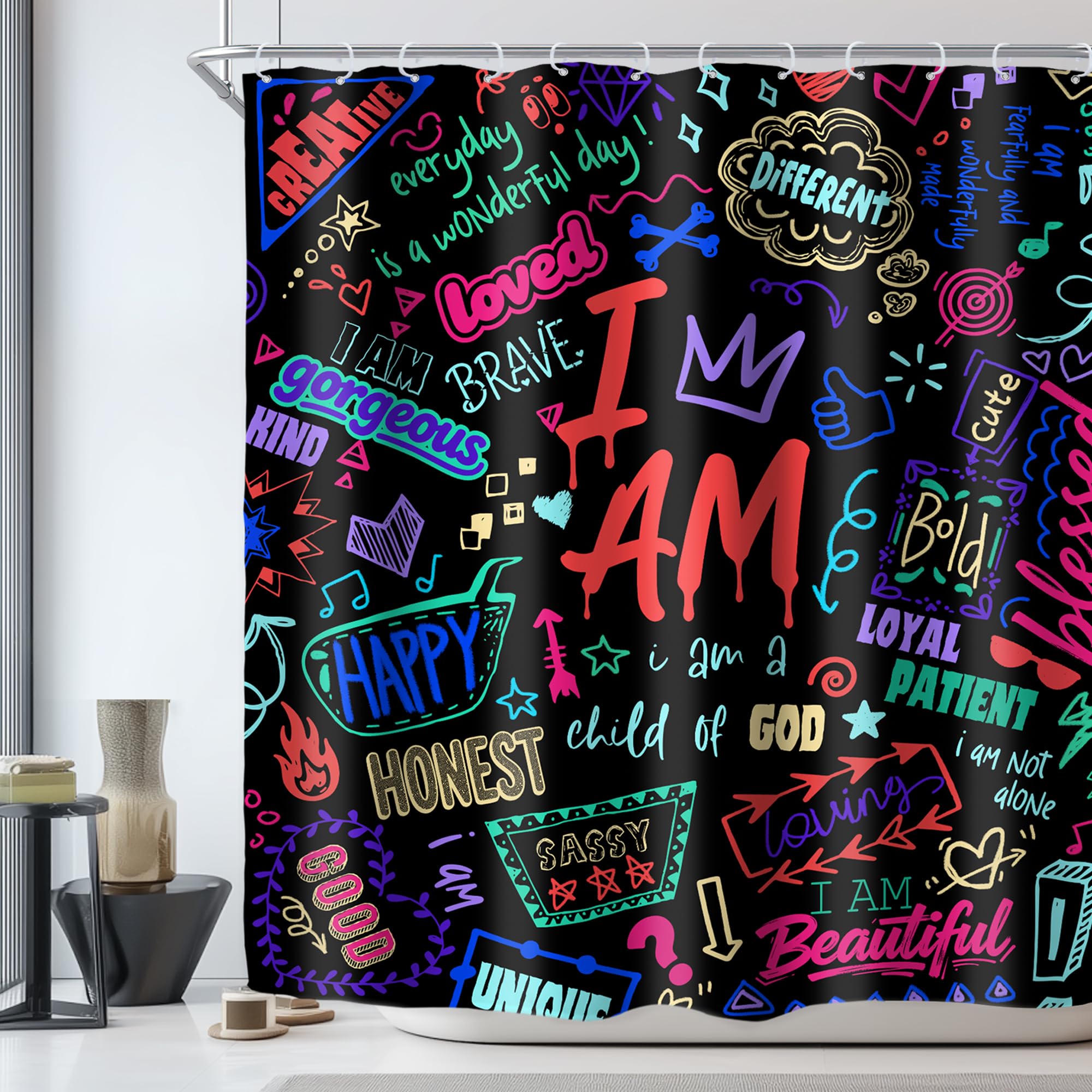 Riyidecor Kids Colorful Quotes 4Pcs Bathroom Shower Curtain Sets Neon I Am Inspirational Bathroom Decor Set with Rugs and Access