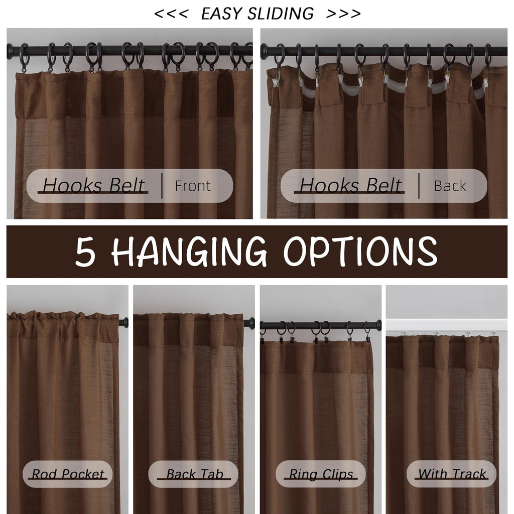 Cocoa Brown Linen Back Tab Curtains 120 Inches Extra Long Ceiling To Floor For Villa Living Room - 2 Panels Hooks Belt Pinch Pleated Easy Sliding Curtains Light Filtering Semi Sheer Drapres 52' X 120'